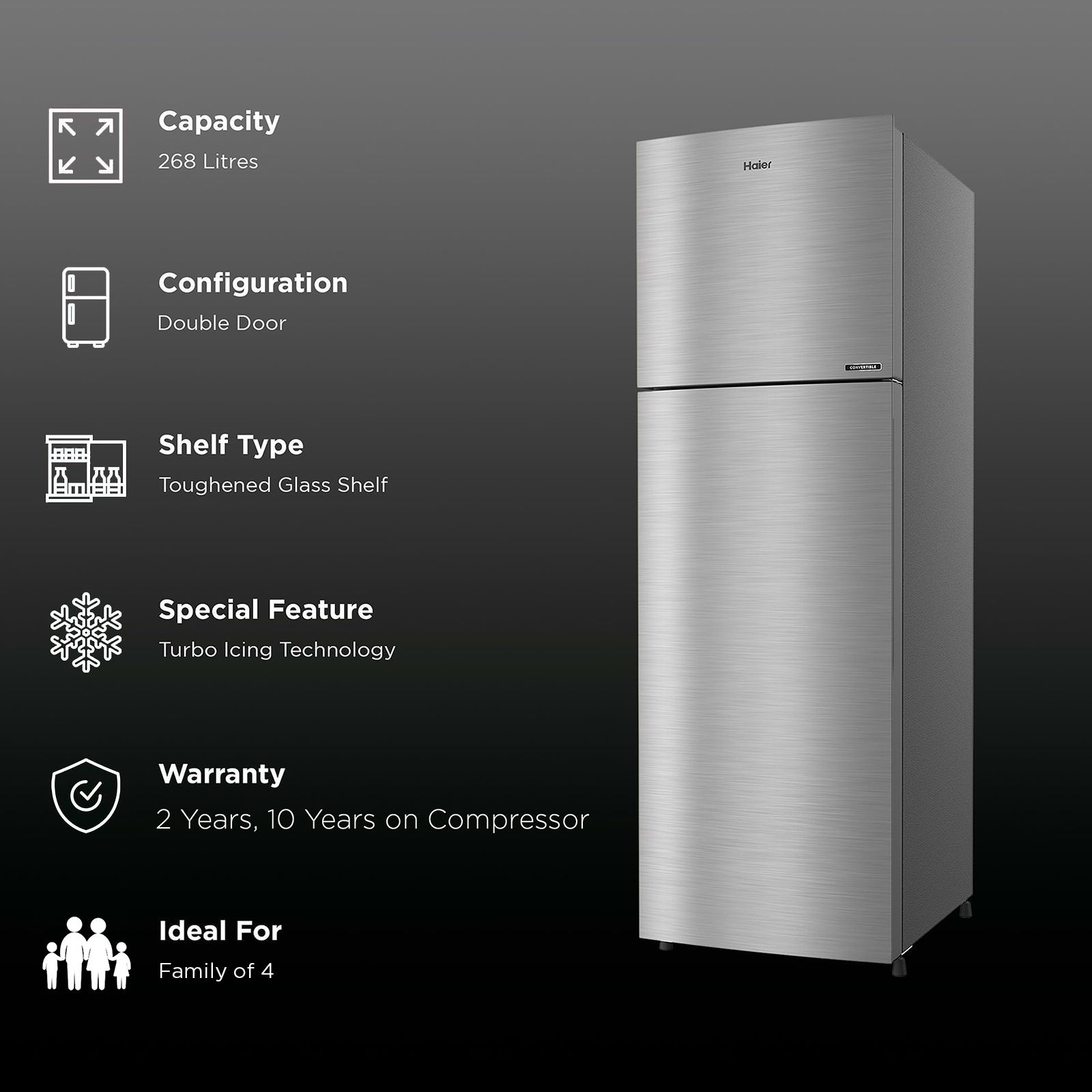 Haier 268 Litres 2 Star Frost Free Double Door Convertible Refrigerator with Turbo Icing (HRF-3182BIS-P, Inox Steel)_3