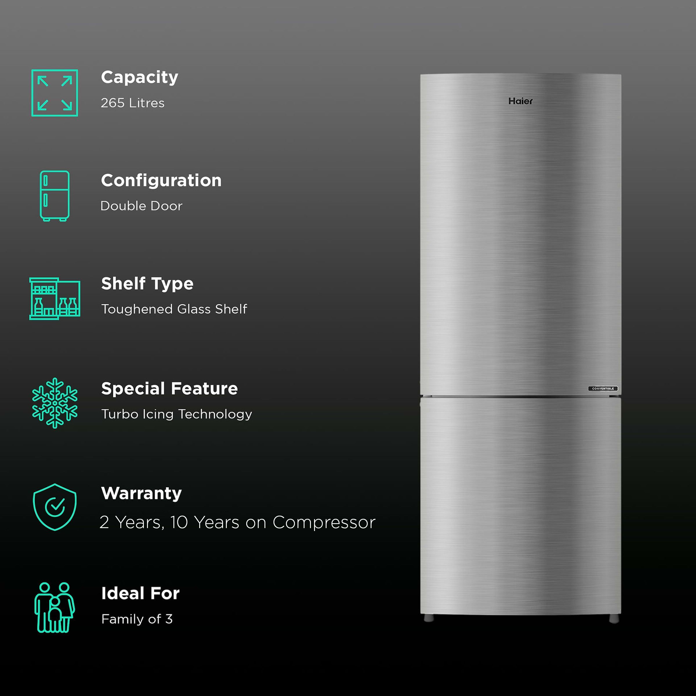 Haier 265 Litres 3 Star Frost Free Double Door Bottom Mount Convertible Refrigerator with Twin Inverter Technology (HRB-3153BIS-P, Inox Steel) Haier 265 Litres 3 Star Frost Free Double Door Bottom Mount Convertible Refrigerator with Twin Inverter Technology (HRB-3153BIS-P, Inox Steel)_2