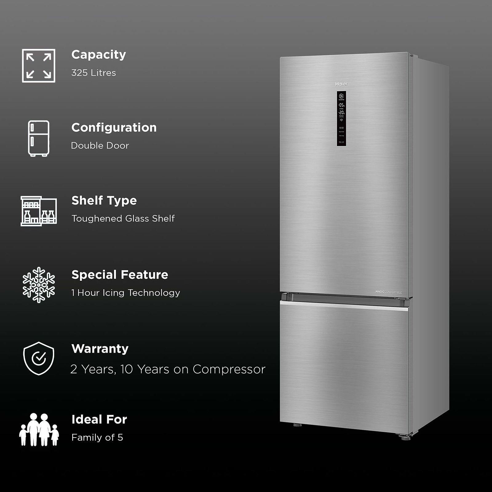 Haier 325 Litres 3 Star Frost Free Double Door Bottom Mount Convertible Refrigerator with Triple Inverter Technology (HRB-3753BBS-P, Brushline Silver) Haier 325 Litres 3 Star Frost Free Double Door Bottom Mount Convertible Refrigerator with Triple Inverter Technology (HRB-3753BBS-P, Brushline Silver)_2