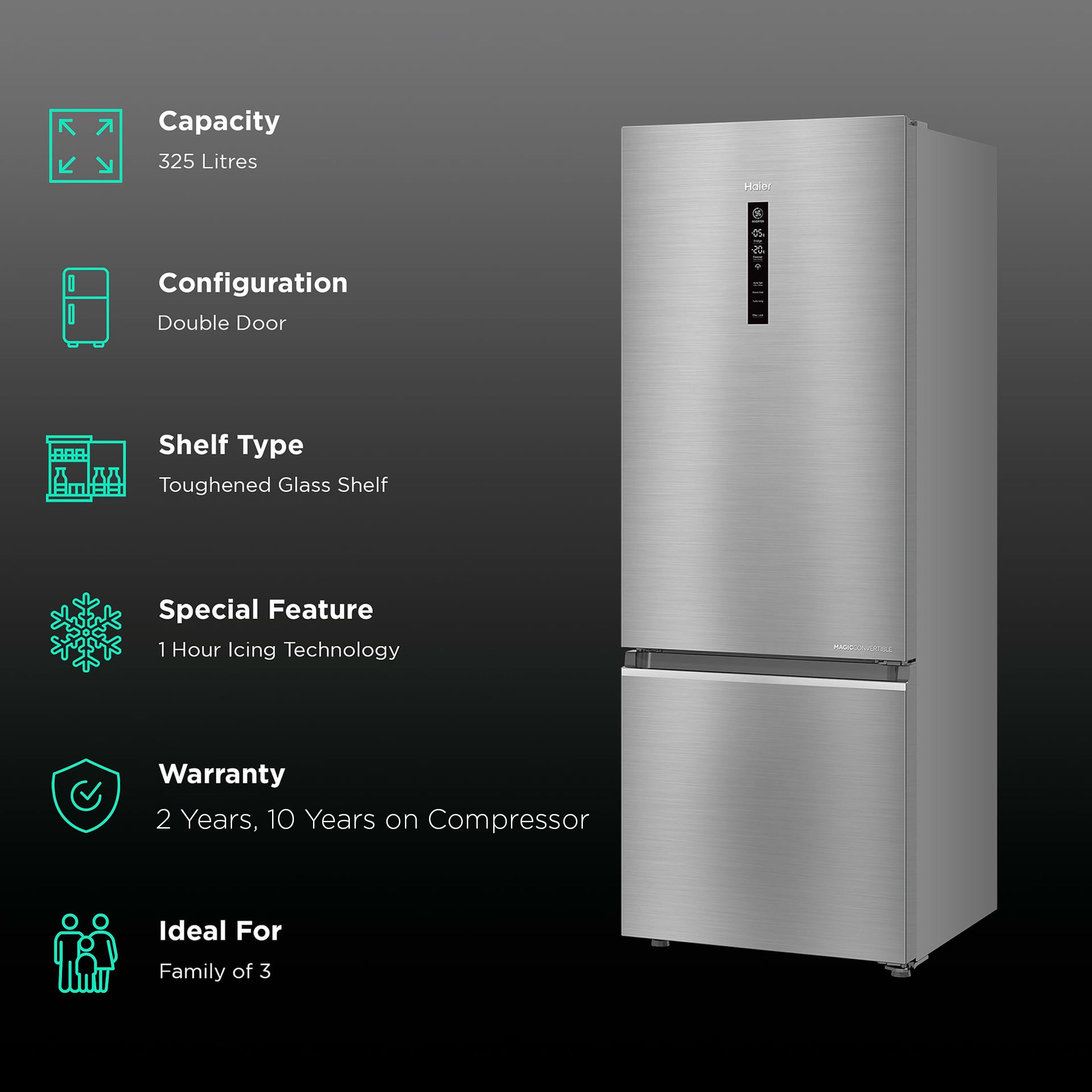 Haier 325 Litres 3 Star Frost Free Double Door Bottom Mount Convertible Refrigerator with Triple Inverter Technology (HRB-3753BBS-P, Brushline Silver) Haier 325 Litres 3 Star Frost Free Double Door Bottom Mount Convertible Refrigerator with Triple Inverter Technology (HRB-3753BBS-P, Brushline Silver)_2