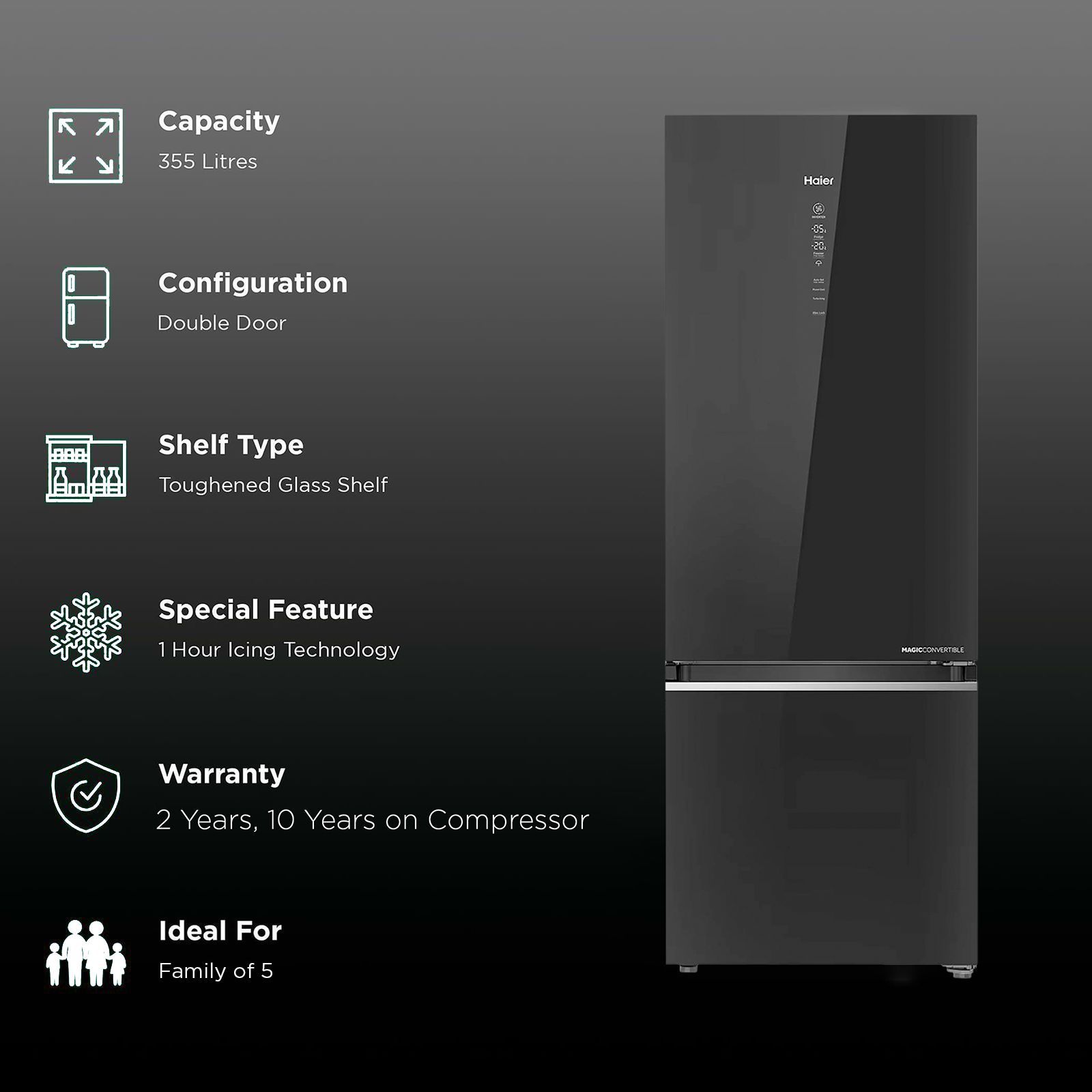 Haier 355 Litres 3 Star Frost Free Double Door Bottom Mount Convertible Refrigerator with Triple Inverter Technology (HRB-4053PKG-P, Black Glass)_2