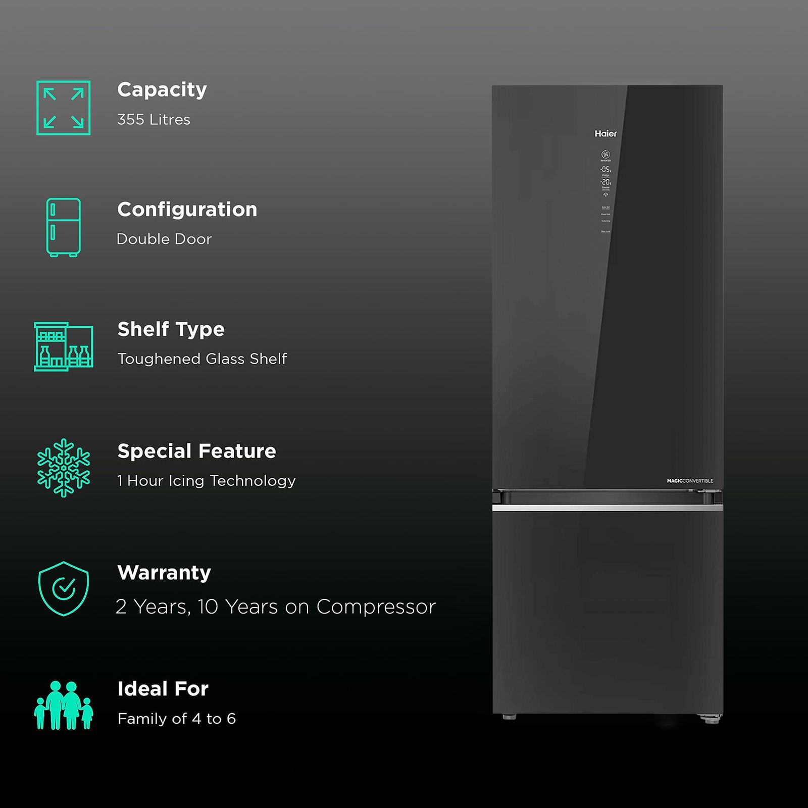 Haier 355 Litres 3 Star Frost Free Double Door Bottom Mount Convertible Refrigerator with Triple Inverter Technology (HRB-4053PKG-P, Black Glass) Haier 355 Litres 3 Star Frost Free Double Door Bottom Mount Convertible Refrigerator with Triple Inverter Technology (HRB-4053PKG-P, Black Glass)_2