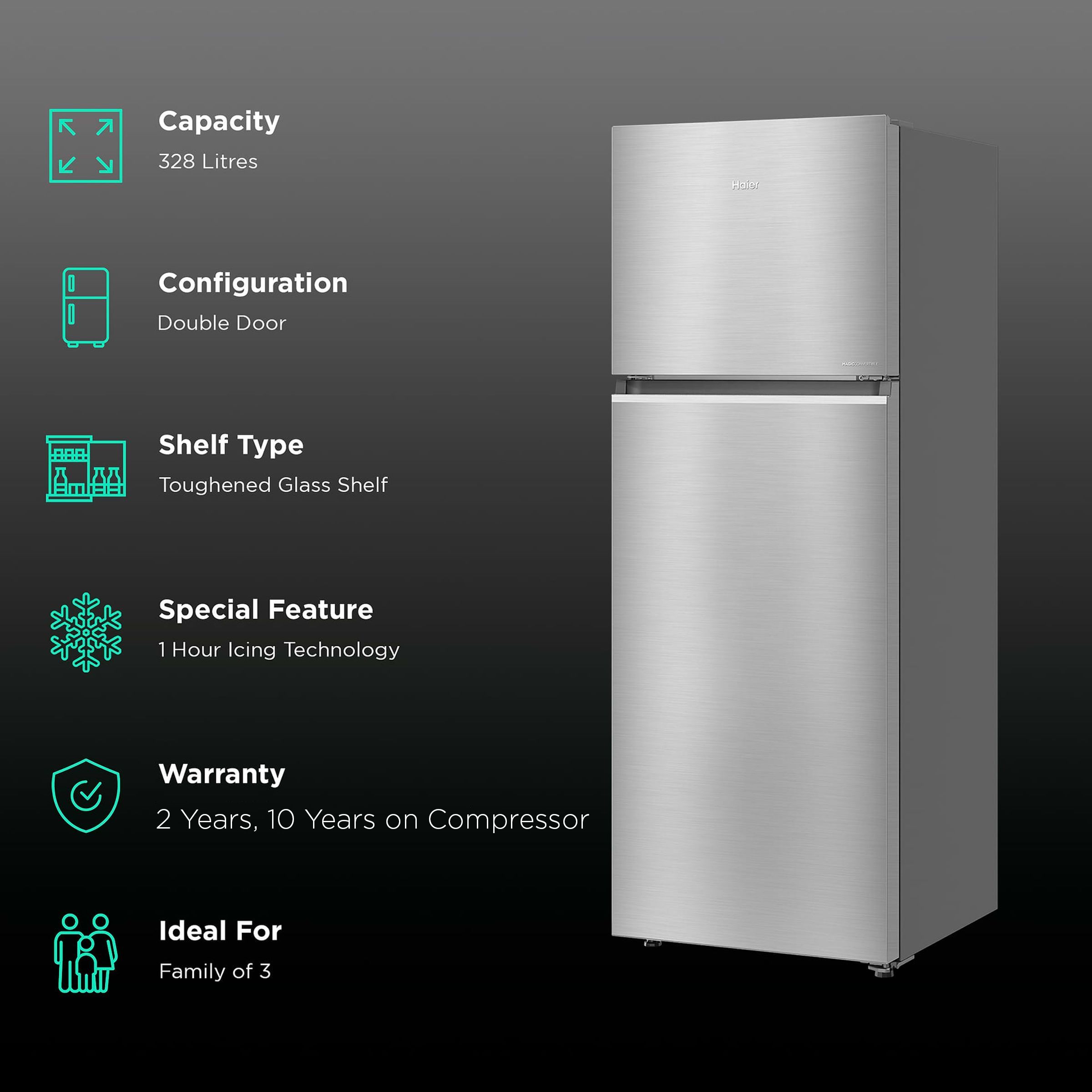 Haier 328 Litres 3 Star Frost Free Double Door Convertible Refrigerator with Triple Inverter Technology (HRF-3783BIS-P, Inox Steel)_2