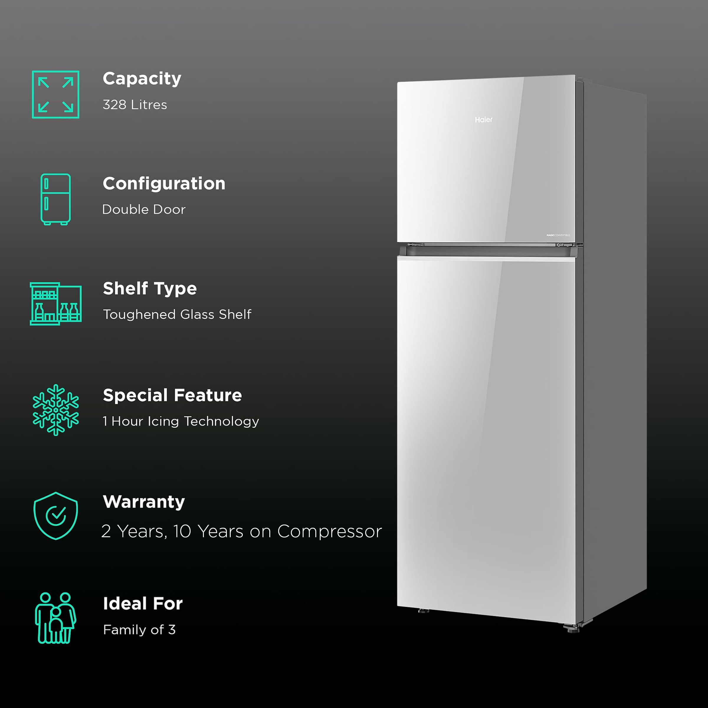 Haier 328 Litres 3 Star Frost Free Double Door Convertible Refrigerator with Triple Inverter Technology (HRF-3783PMG-P, Mirror Glass) Haier 328 Litres 3 Star Frost Free Double Door Convertible Refrigerator with Triple Inverter Technology (HRF-3783PMG-P, Mirror Glass)_2
