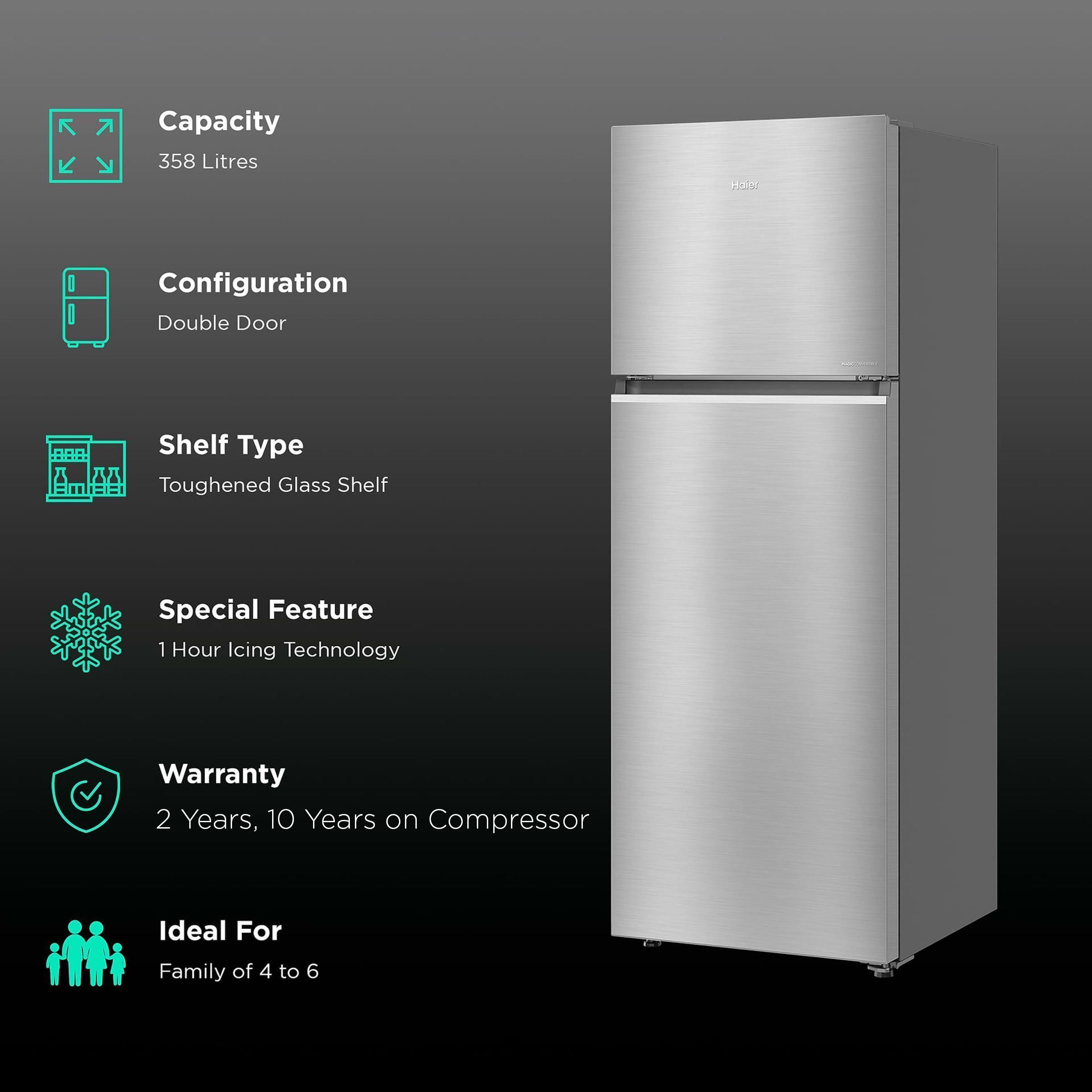 Haier 358 Litres 3 Star Frost Free Double Door Convertible Refrigerator with Triple Inverter Technology (HRF-4083BIS-P, Inox Steel)_2