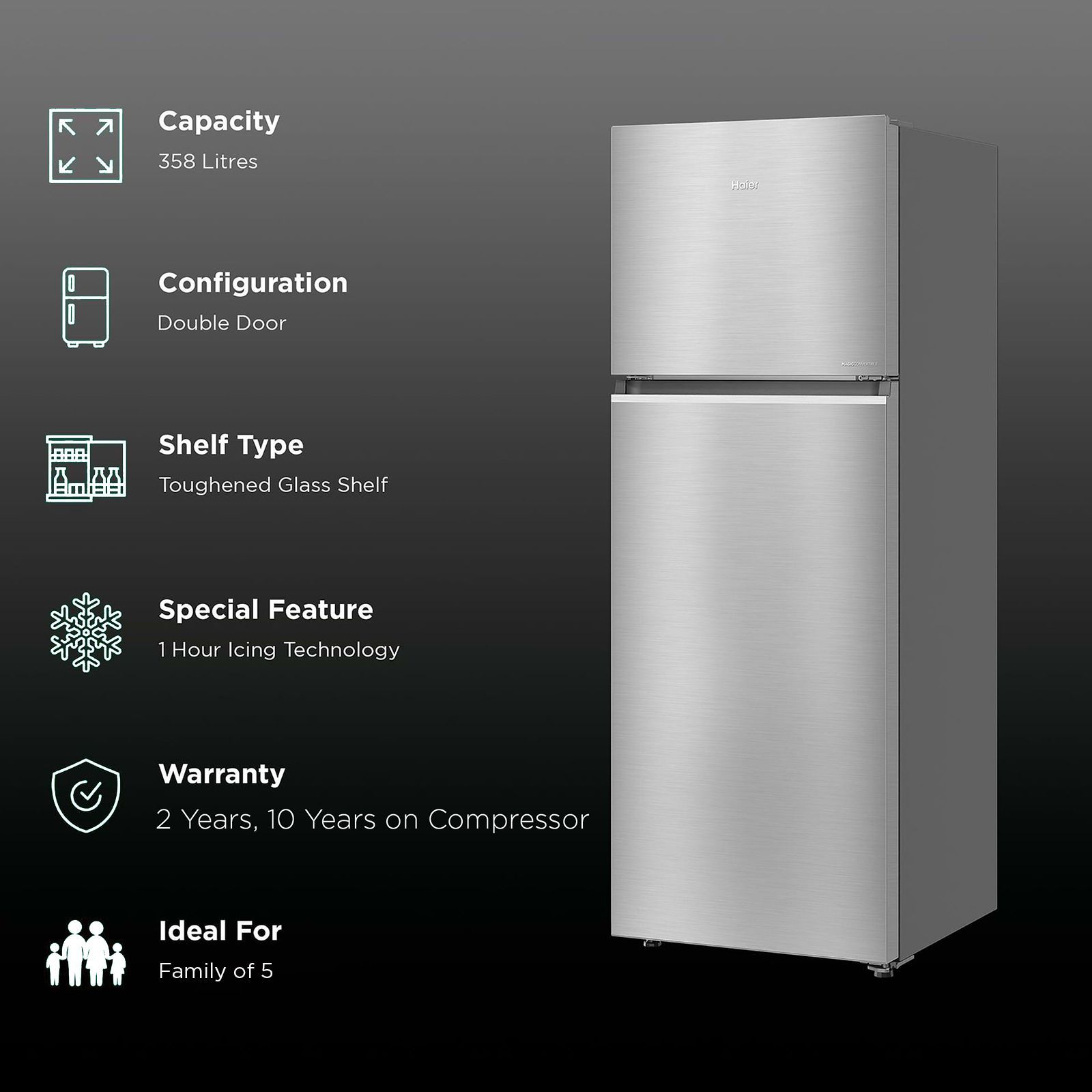 Haier 358 Litres 3 Star Frost Free Double Door Convertible Refrigerator with Triple Inverter Technology (HRF-4083BIS-P, Inox Steel) Haier 358 Litres 3 Star Frost Free Double Door Convertible Refrigerator with Triple Inverter Technology (HRF-4083BIS-P, Inox Steel)_2