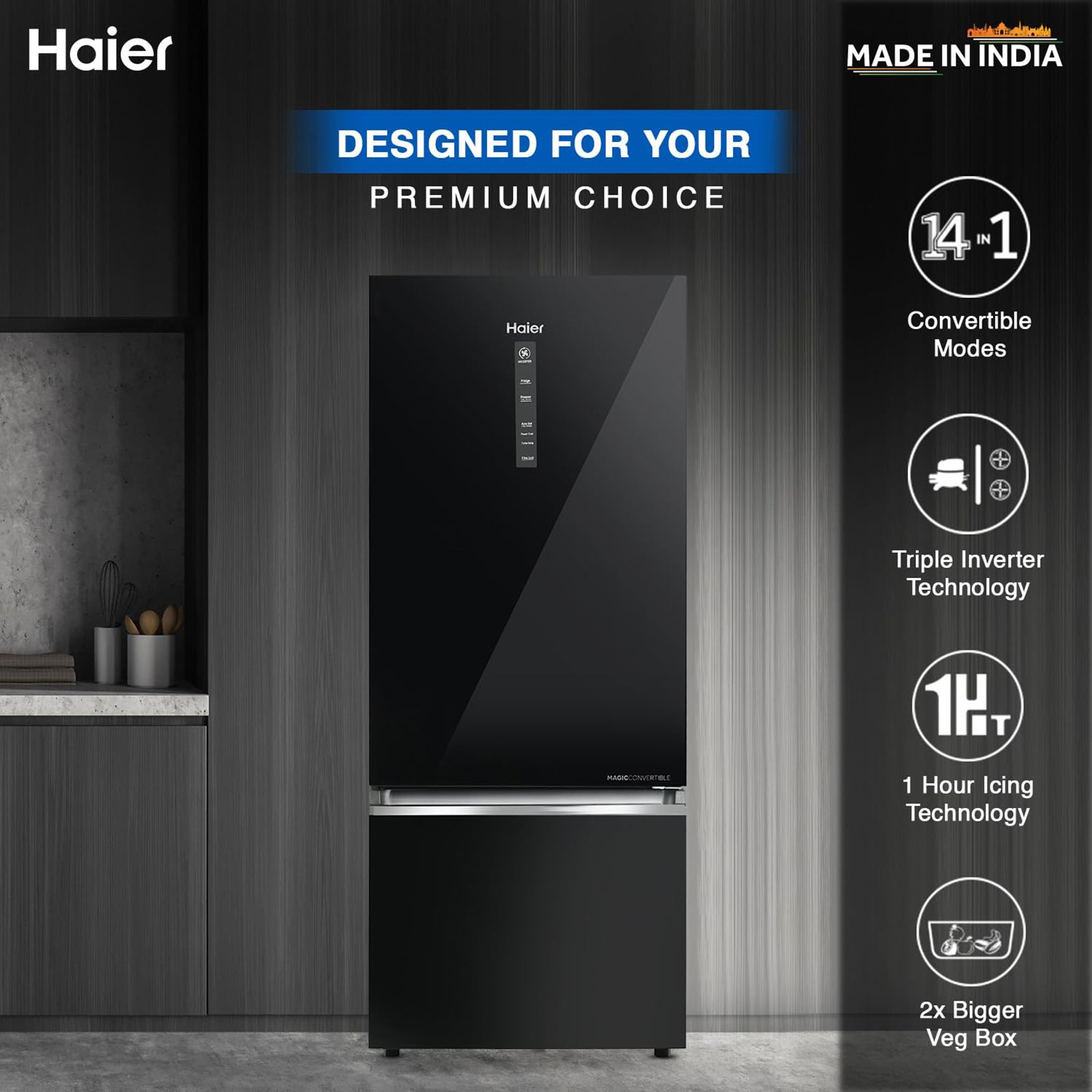 Haier 445 Litres 2 Star Frost Free Double Door Bottom Mount Convertible Refrigerator with Triple Inverter Technology (HRB-4952CKG-P, Black Glass) Haier 445 Litres 2 Star Frost Free Double Door Bottom Mount Convertible Refrigerator with Triple Inverter Technology (HRB-4952CKG-P, Black Glass)_12