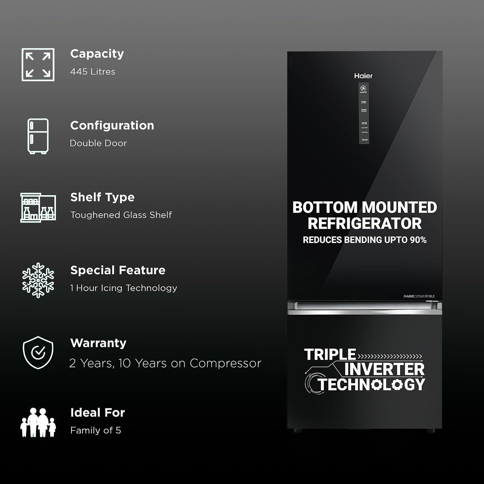 Haier 445 Litres 2 Star Frost Free Double Door Bottom Mount Convertible Refrigerator with Triple Inverter Technology (HRB-4952CKG-P, Black Glass)_2