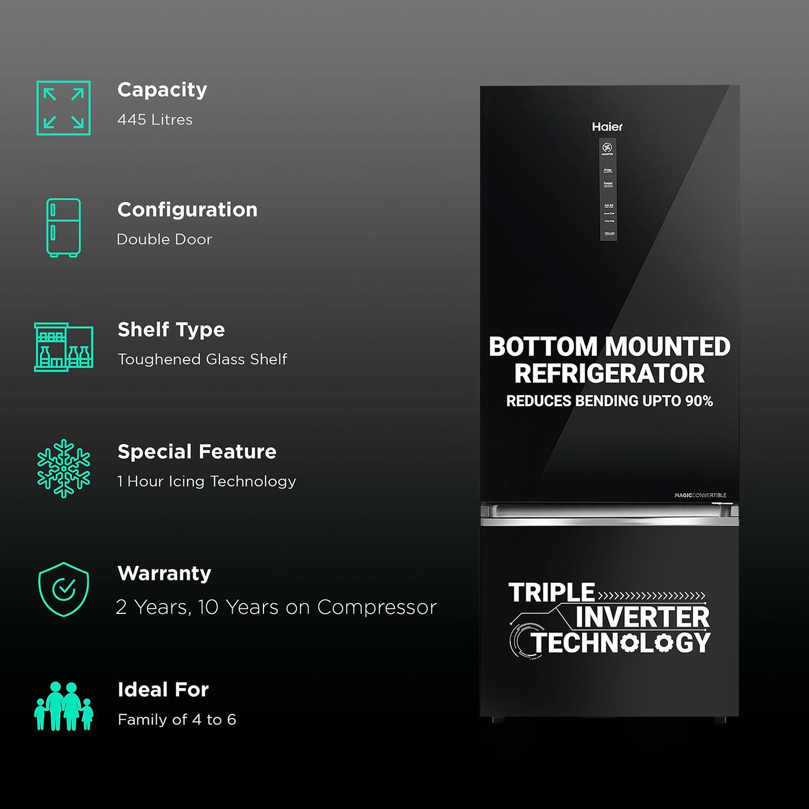 Haier 445 Litres 2 Star Frost Free Double Door Bottom Mount Convertible Refrigerator with Triple Inverter Technology (HRB-4952CKG-P, Black Glass) Haier 445 Litres 2 Star Frost Free Double Door Bottom Mount Convertible Refrigerator with Triple Inverter Technology (HRB-4952CKG-P, Black Glass)_2
