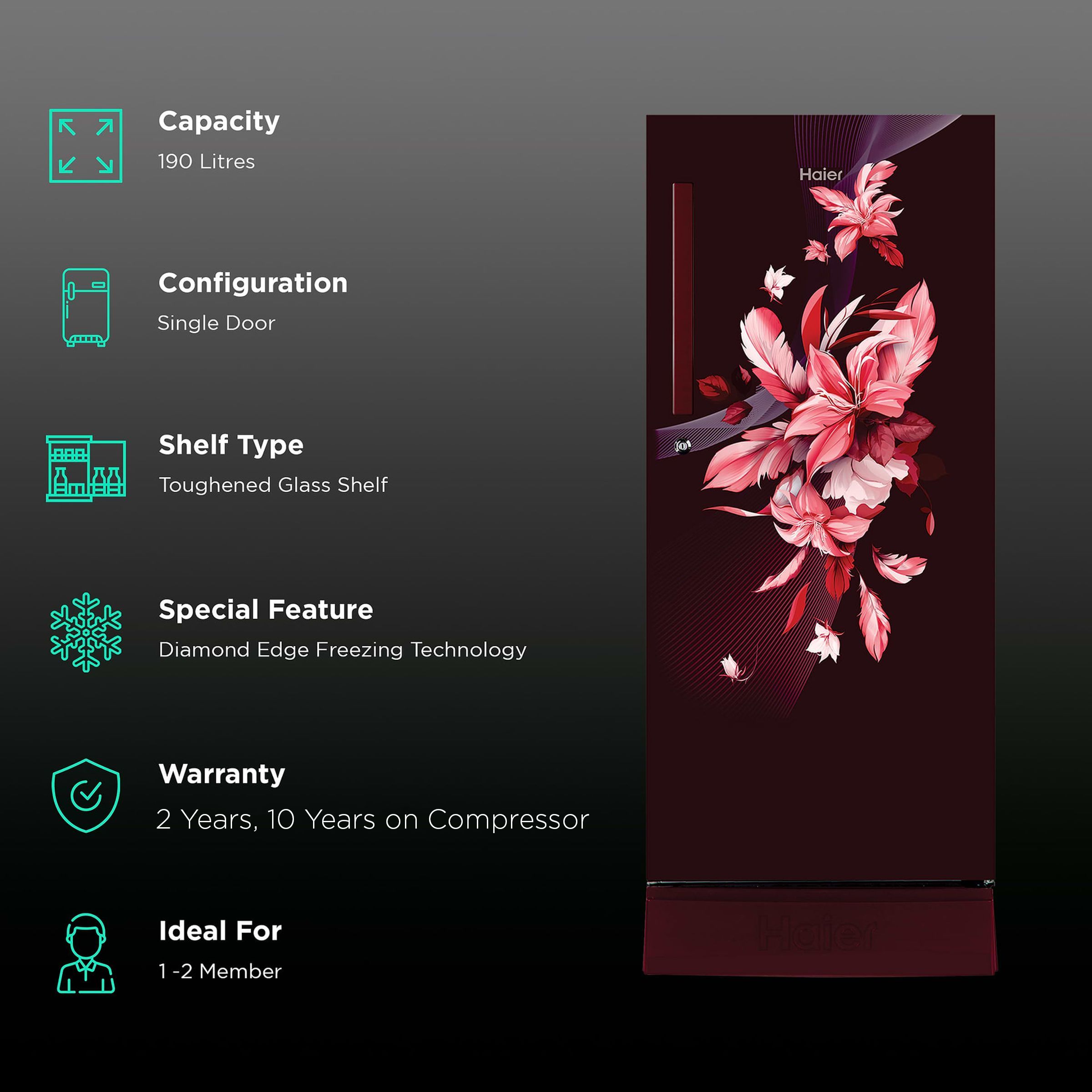 Haier 190 Litres 3 Star Direct Cool Single Door Refrigerator with Diamond Edge Freezing Technology (HRD-2103PRO-P, Red Opal)_2