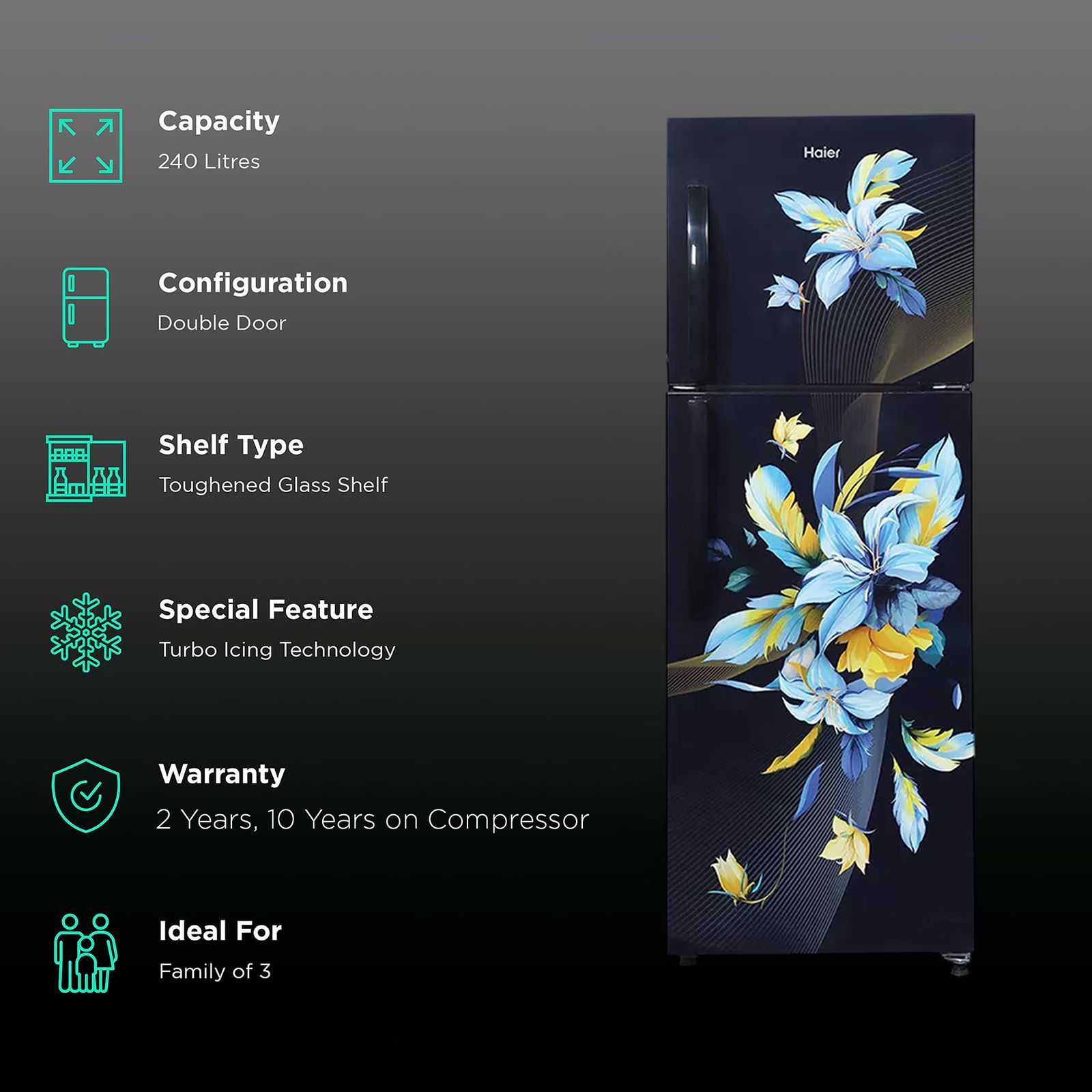 Haier 240 Litres 2 Star Frost Free Double Door Convertible Refrigerator with Turbo Icing (HRF-2902CKO-P, Black Opal)_2