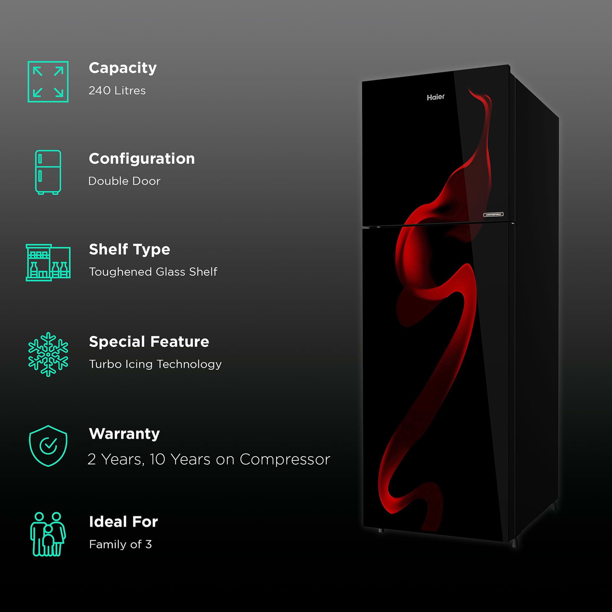 Haier 240 Litres 3 Star Frost Free Double Door Convertible Refrigerator with Turbo Icing (HRF-2903CSG-P, Spiral Glass)_2