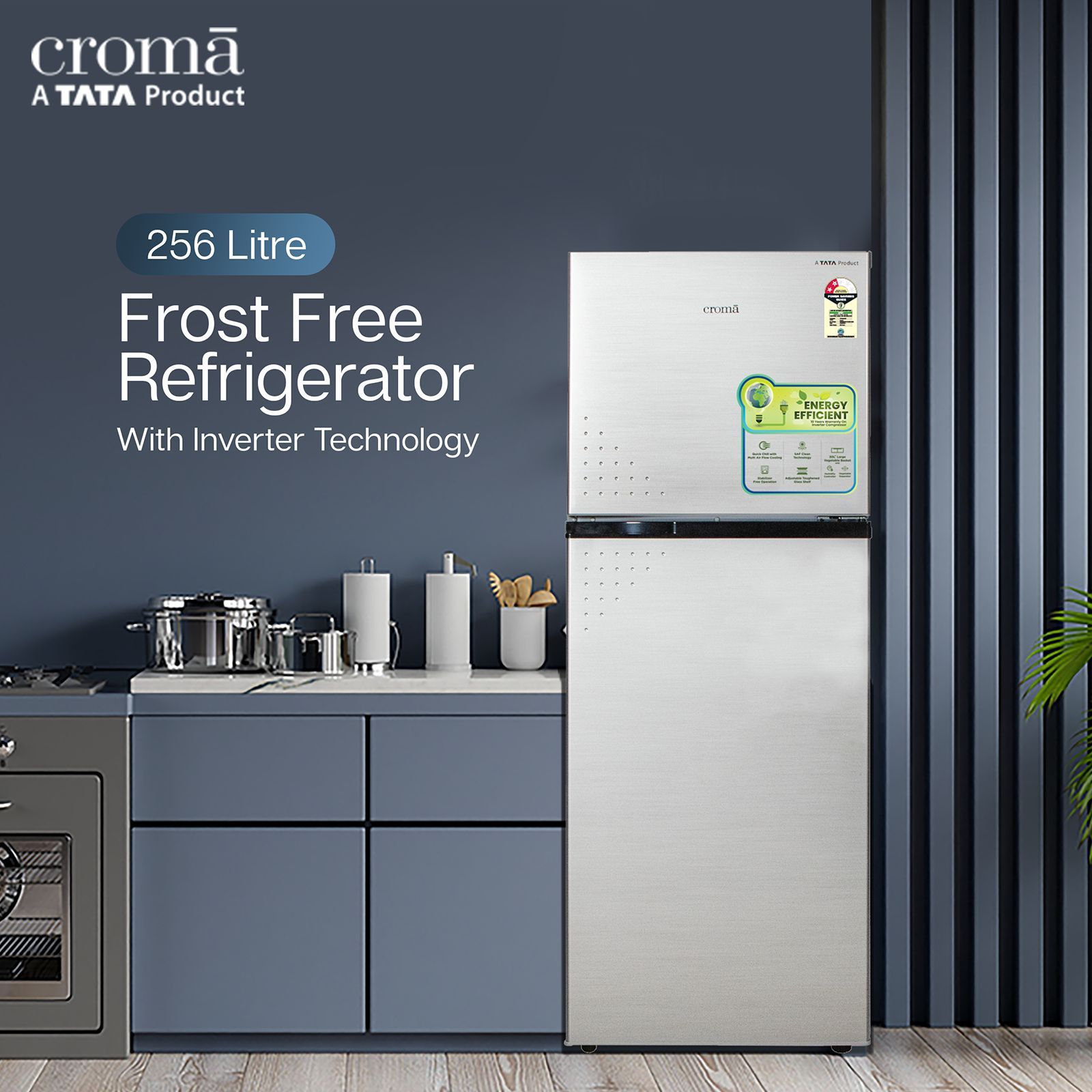 Croma 256 Litres 2 Star Frost Free Double Door Refrigerator with Inverter Technology ( Shining Silver)_8