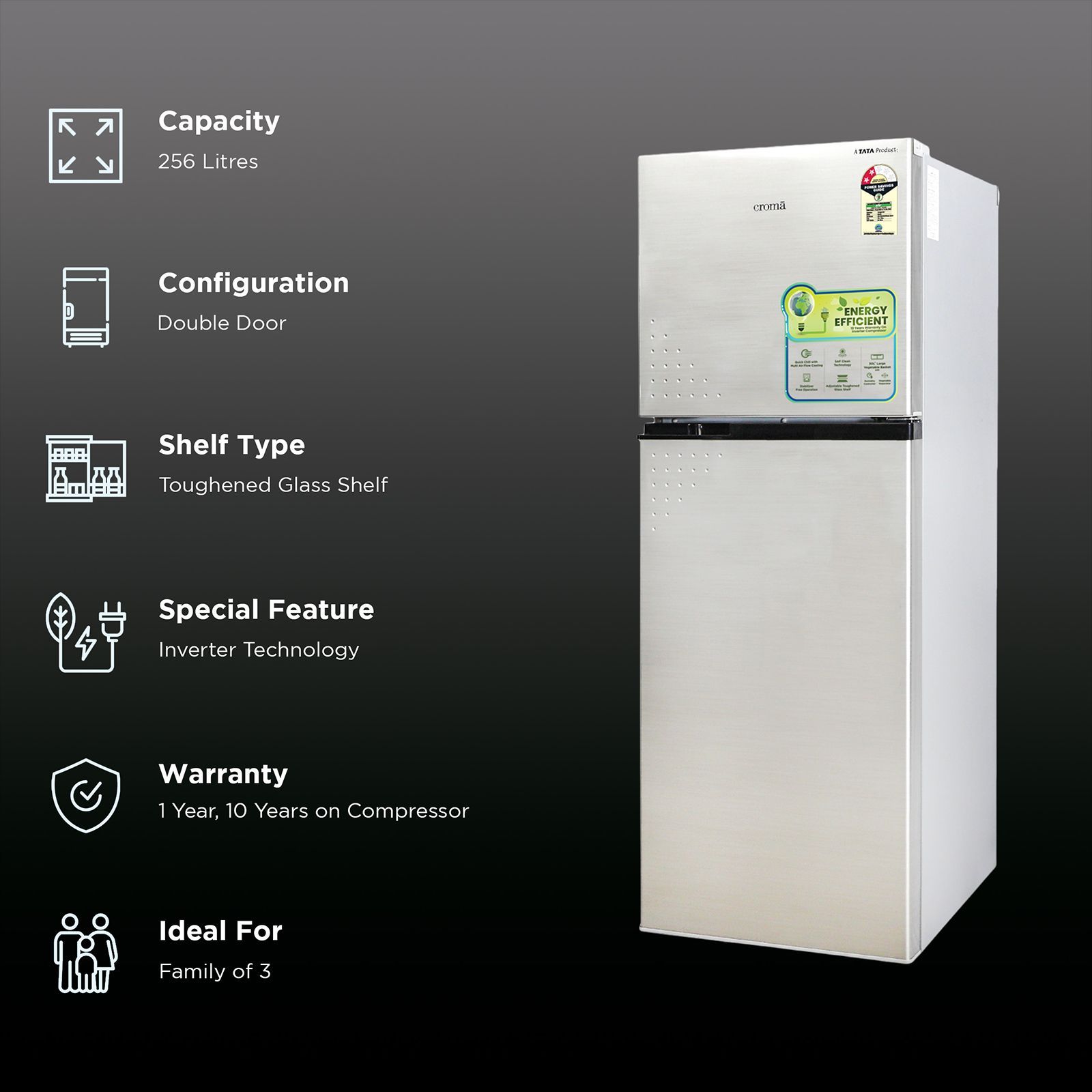 Croma 256 Litres 2 Star Frost Free Double Door Refrigerator with Inverter Technology ( Shining Silver)_2