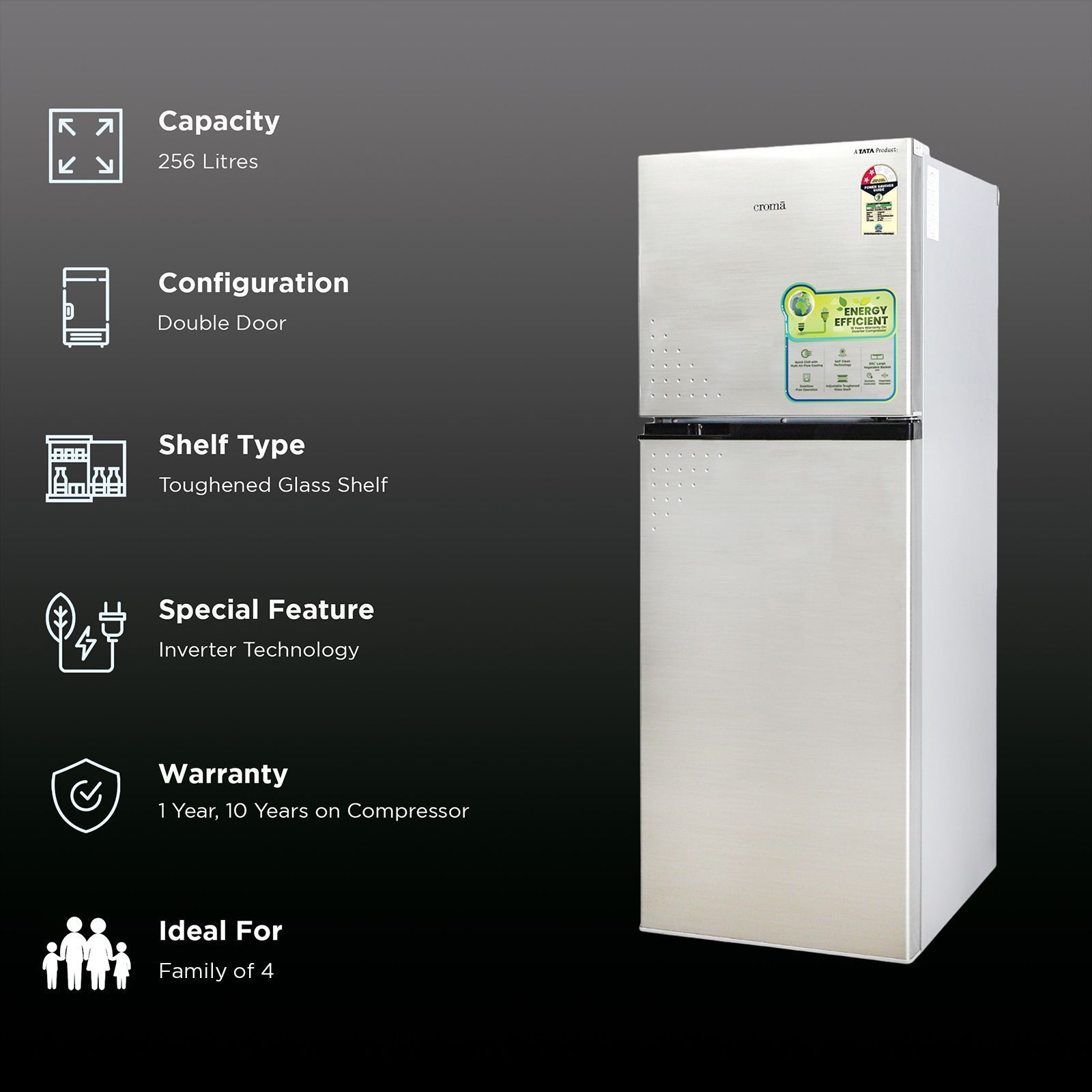 Croma 256 Litres 2 Star Frost Free Double Door Refrigerator with Inverter Technology ( Shining Silver)_2