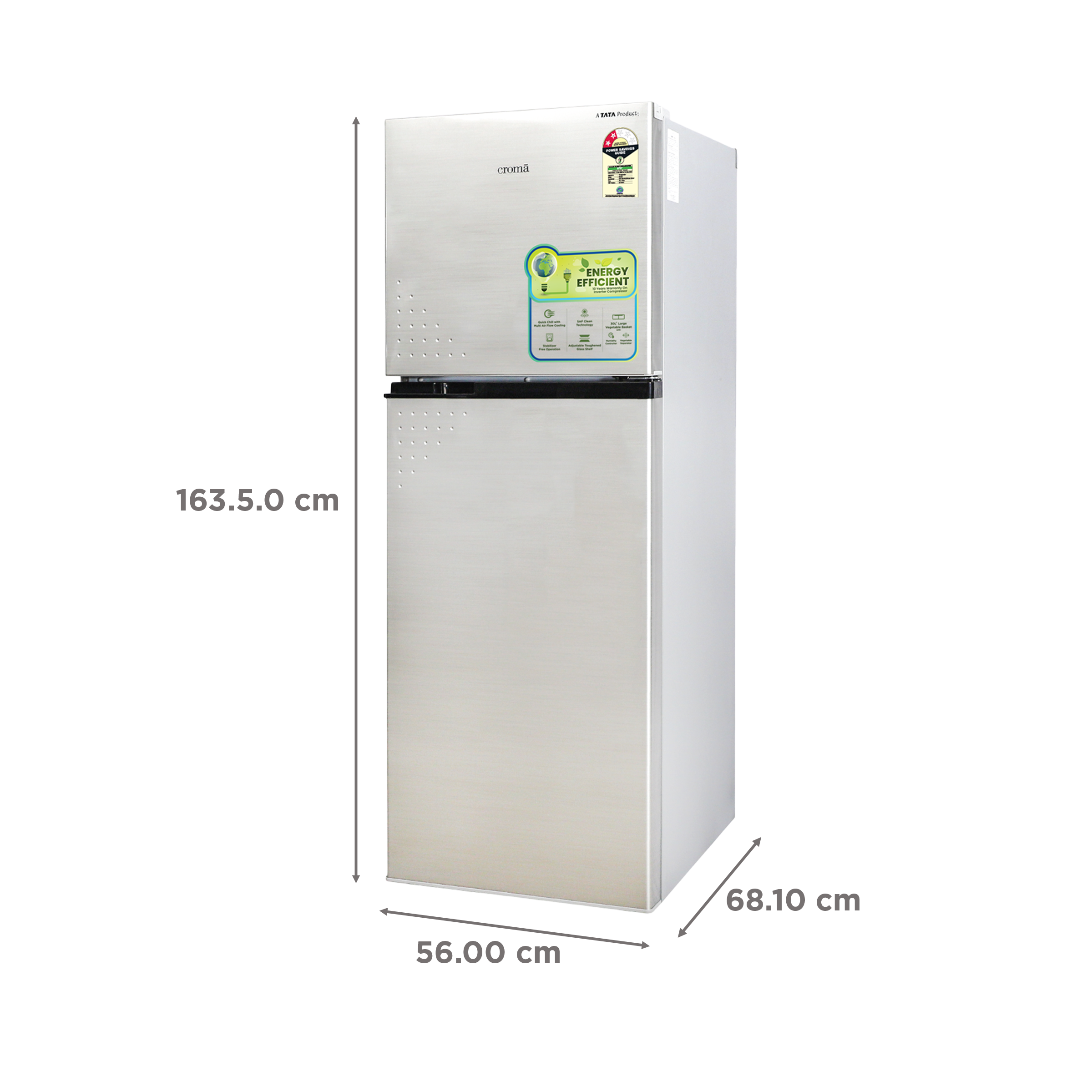 Croma 256 Litres 2 Star Frost Free Double Door Refrigerator with Inverter Technology ( Shining Silver)_3