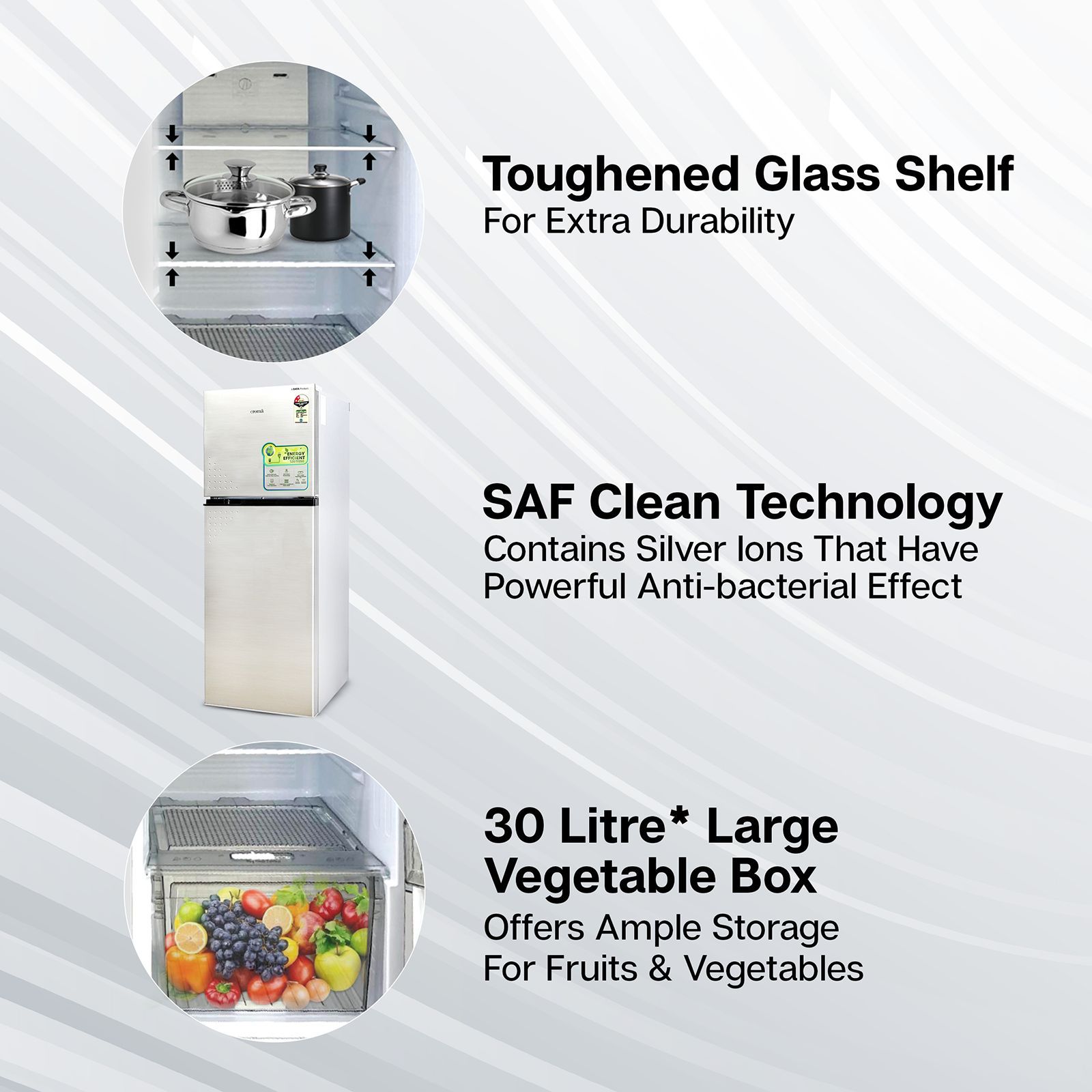 Croma 256 Litres 2 Star Frost Free Double Door Refrigerator with Inverter Technology ( Shining Silver)_9