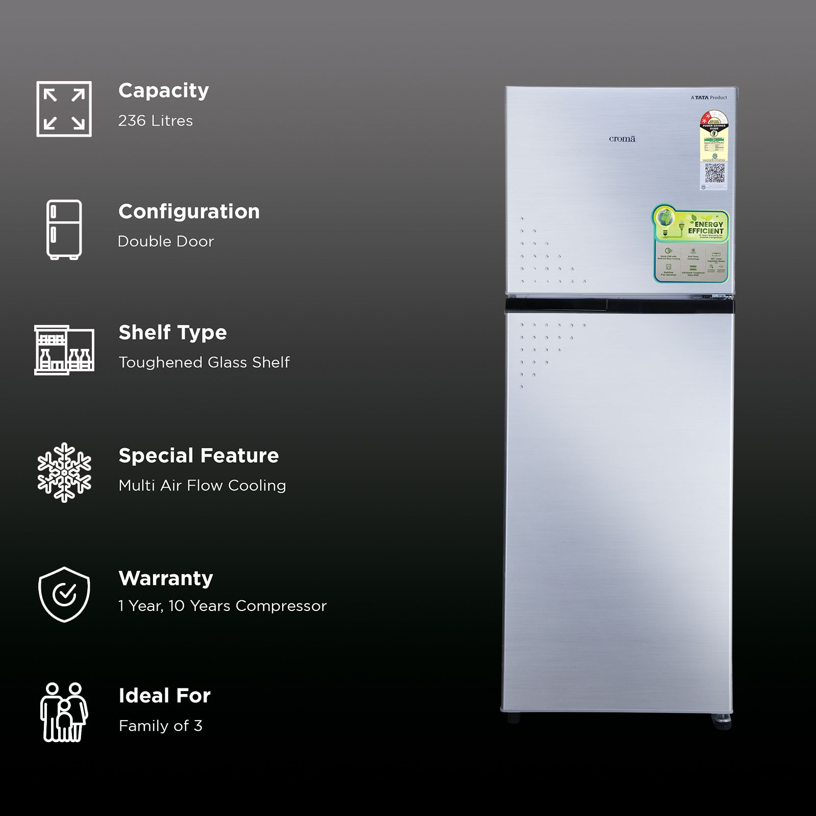Croma 236 Litres 2 Star Frost Free Double Door Refrigerator with Inverter Technology ( Shining Silver)_2