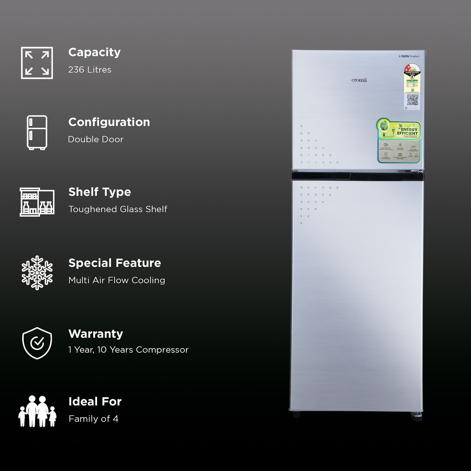 Croma 236 Litres 2 Star Frost Free Double Door Refrigerator with Inverter Technology ( Shining Silver)_2