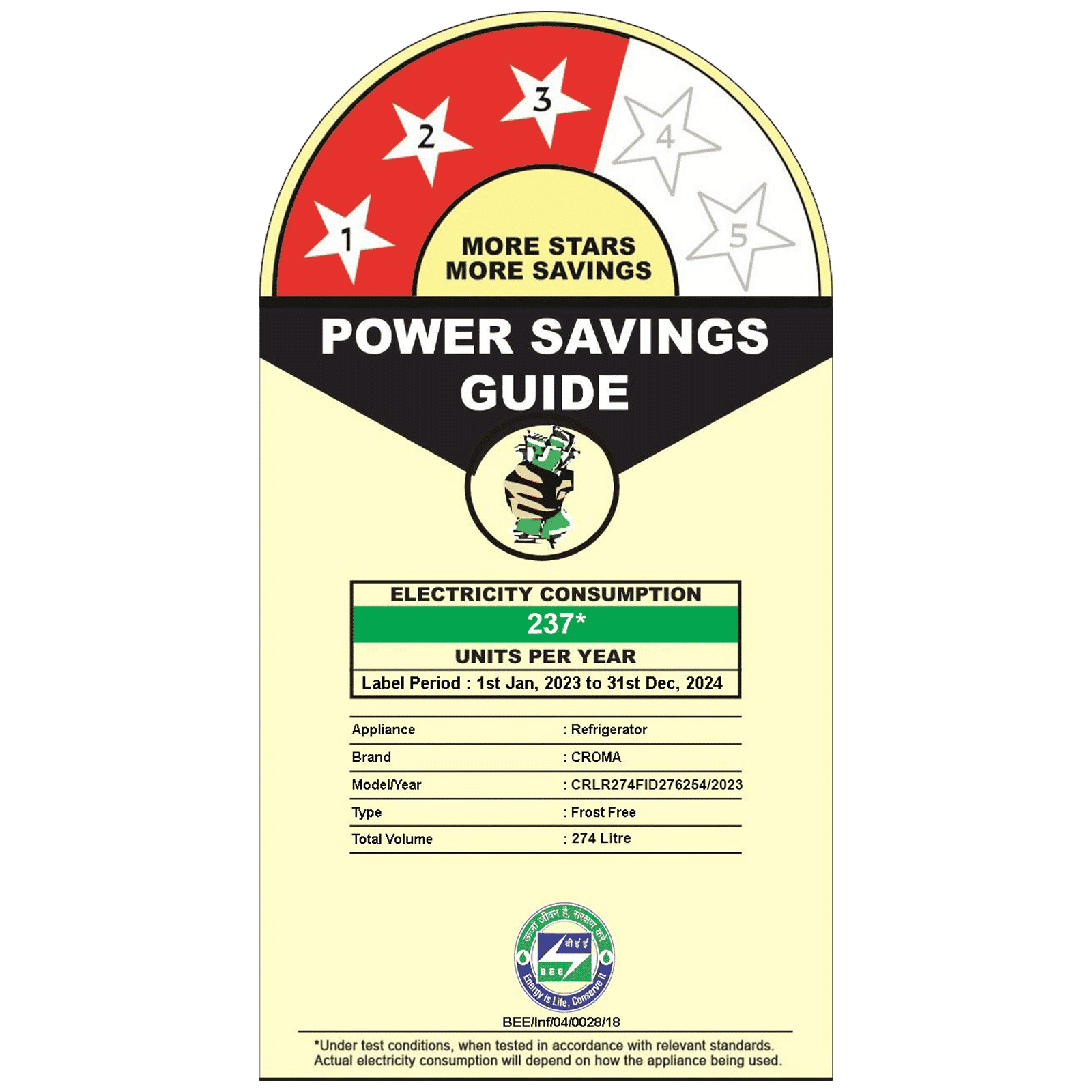 Croma 274 Litres 3 Star Frost Free Double Door Convertible Refrigerator with Inverter Technology ( Black Uniglass)_8