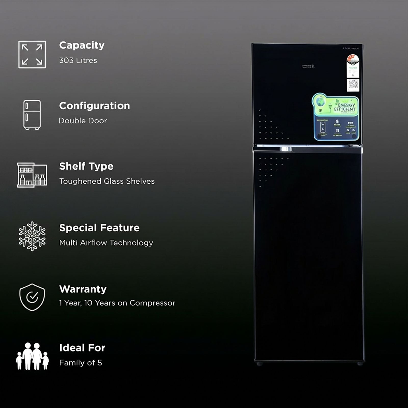 Croma 303 Litres 3 Star Frost Free Double Door Convertible Refrigerator with Inverter Technology ( Black Uniglass)_2