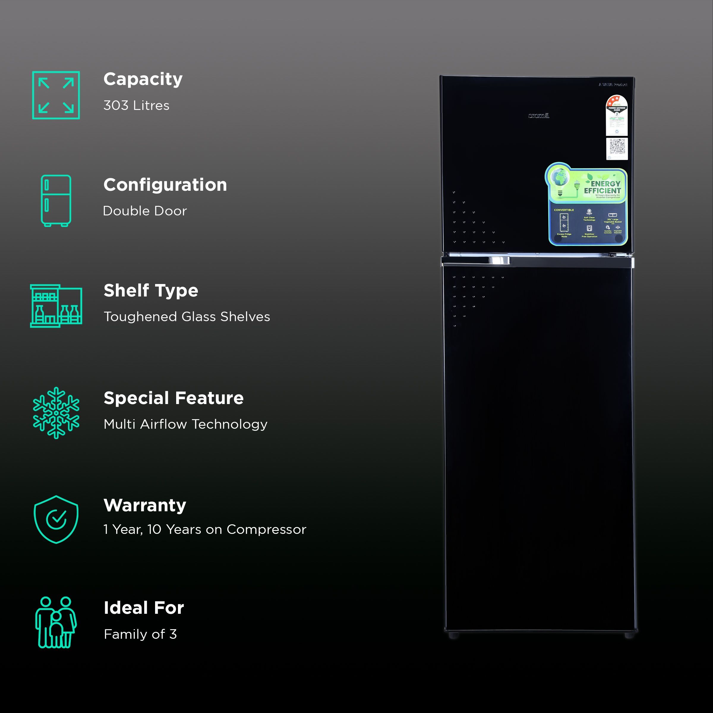 Croma 303 Litres 3 Star Frost Free Double Door Convertible Refrigerator with Inverter Technology ( Black Uniglass) Croma 303 Litres 3 Star Frost Free Double Door Convertible Refrigerator with Inverter Technology ( Black Uniglass)_2