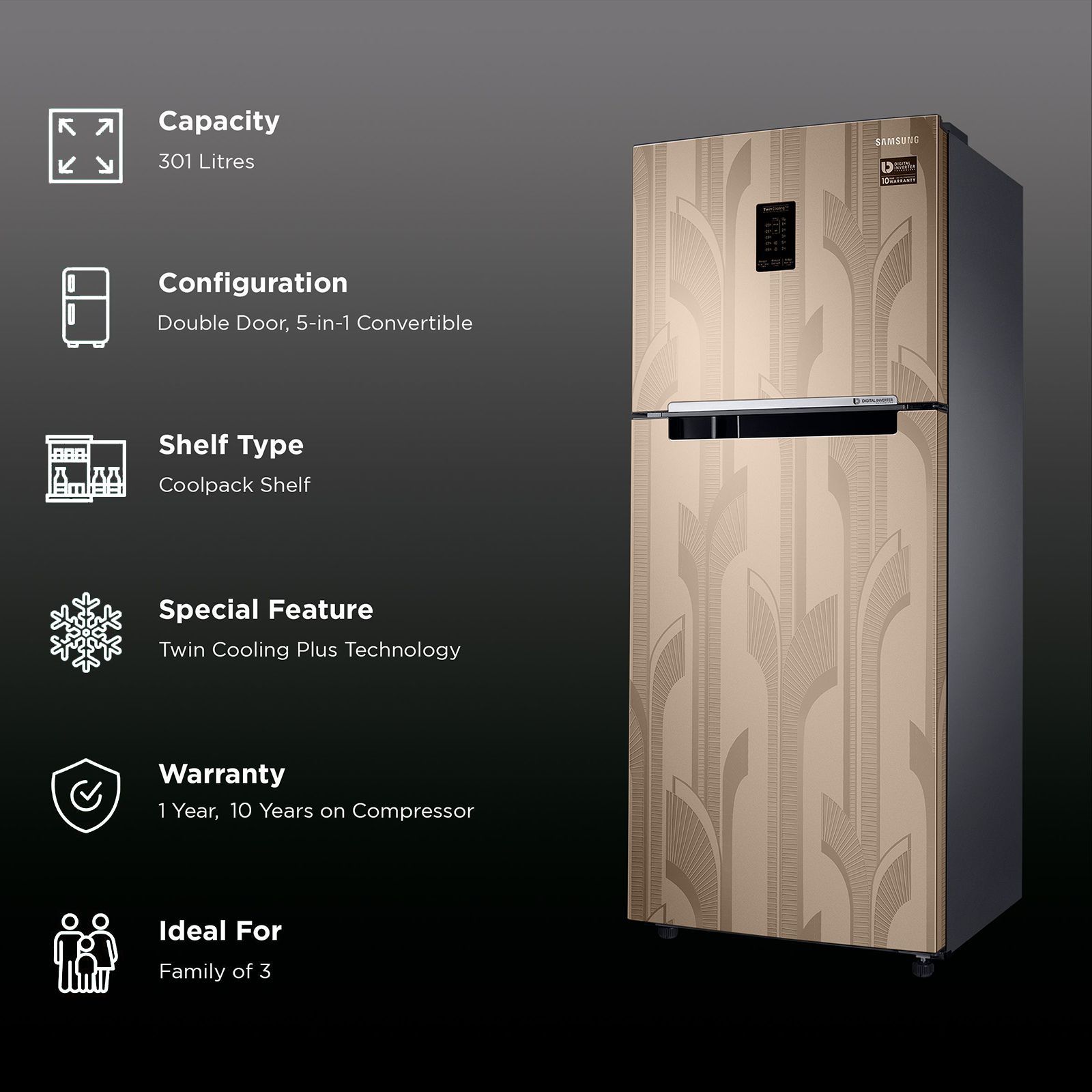 SAMSUNG 301 Litres 2 Star Frost Free Double Door Refrigerator with Twin Plus Cooling Technology (RT34C4522YB/HL, Bronze Archi)_2
