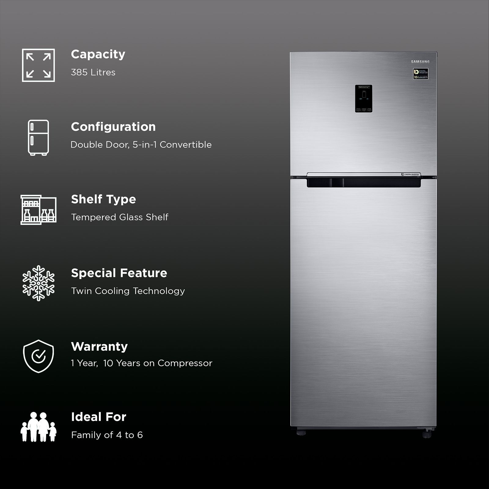 SAMSUNG 385 Litres 2 Star Frost Free Double Door Convertible Refrigerator with Deodorizer (RT42C5532S8/HL, Elegant Inox)_3