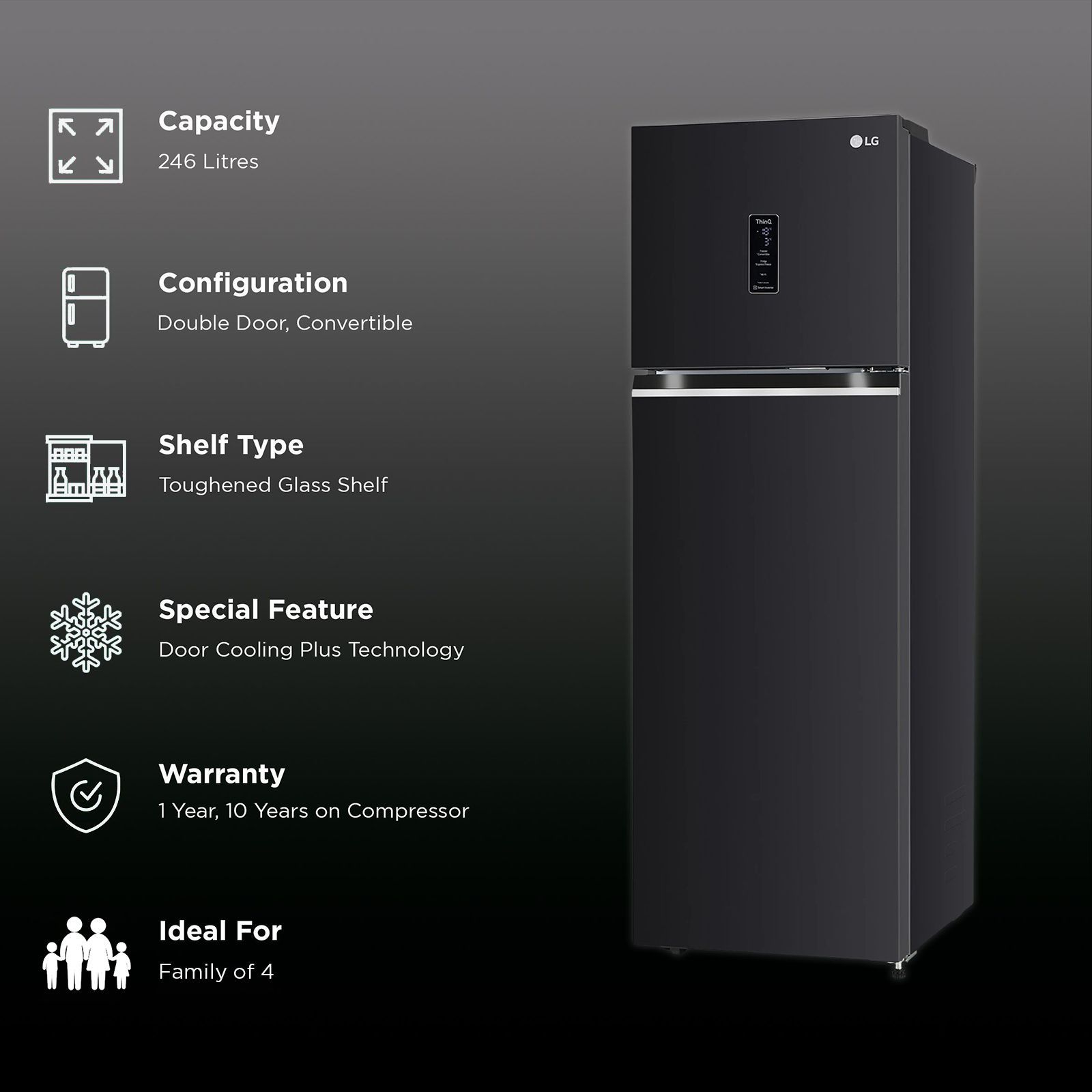 LG 246 Litres 3 Star Frost Free Double Door Convertible Refrigerator with Door Cooling Plus Technology (GL-T262TESX.AESZEB, Ebony Sheen)_2