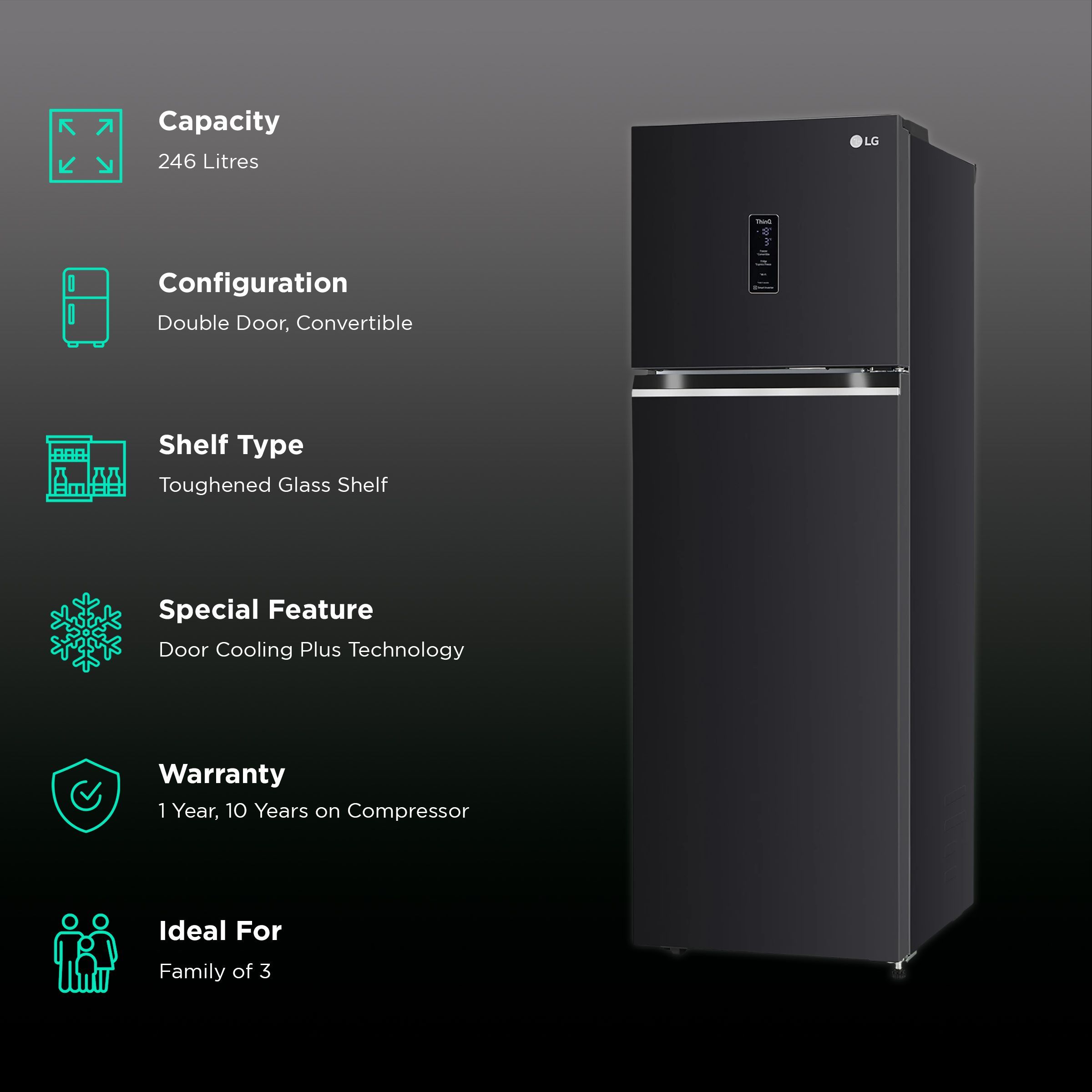 LG 246 Litres 3 Star Frost Free Double Door Convertible Refrigerator with Door Cooling Plus Technology (GL-T262TESX.AESZEB, Ebony Sheen)_2