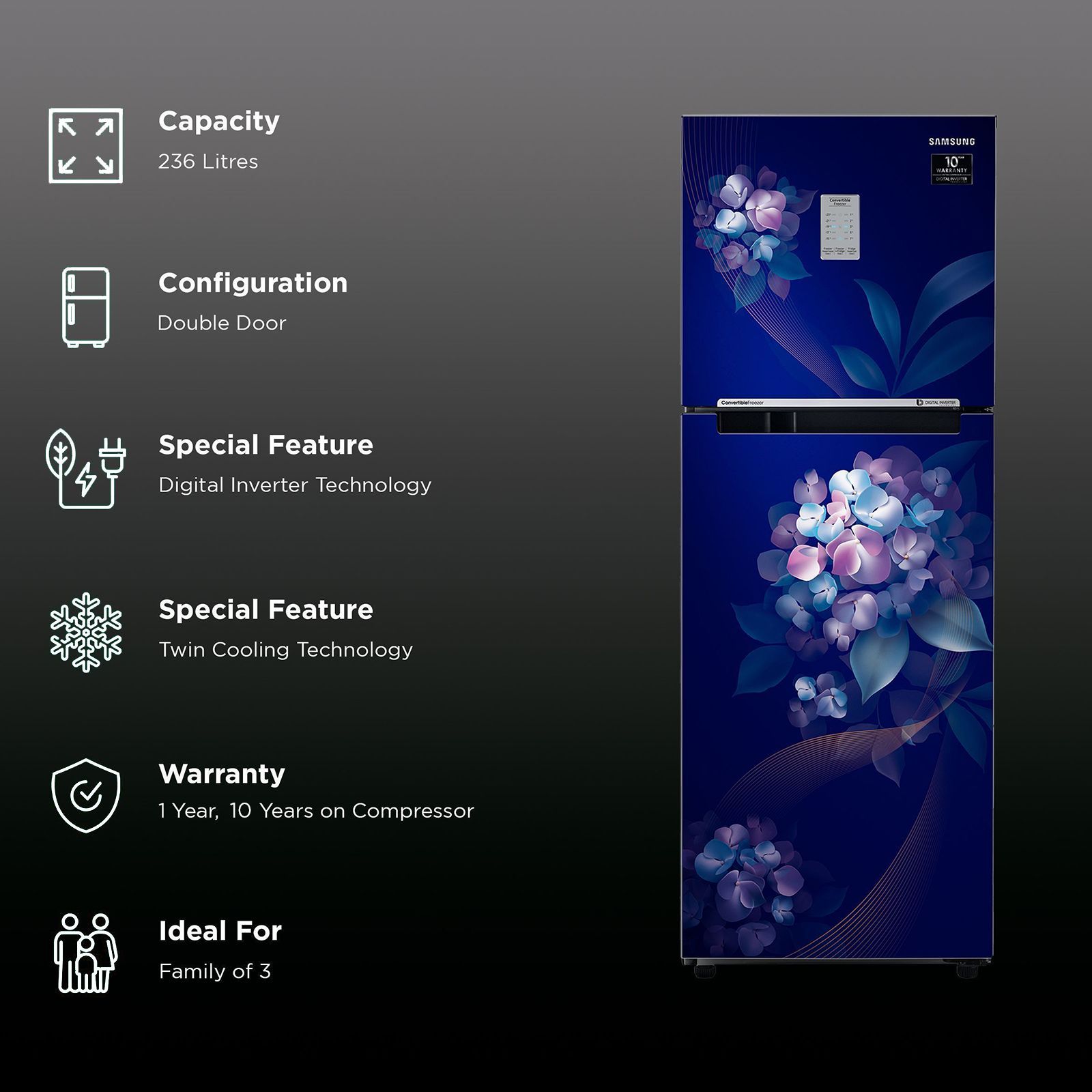 Samsung 236 Litres 2 Star Frost Free Double Door Convertible Refrigerator with Deodorizing Filter (RT28C3732HS/HL, Hydrangea Blue)_2