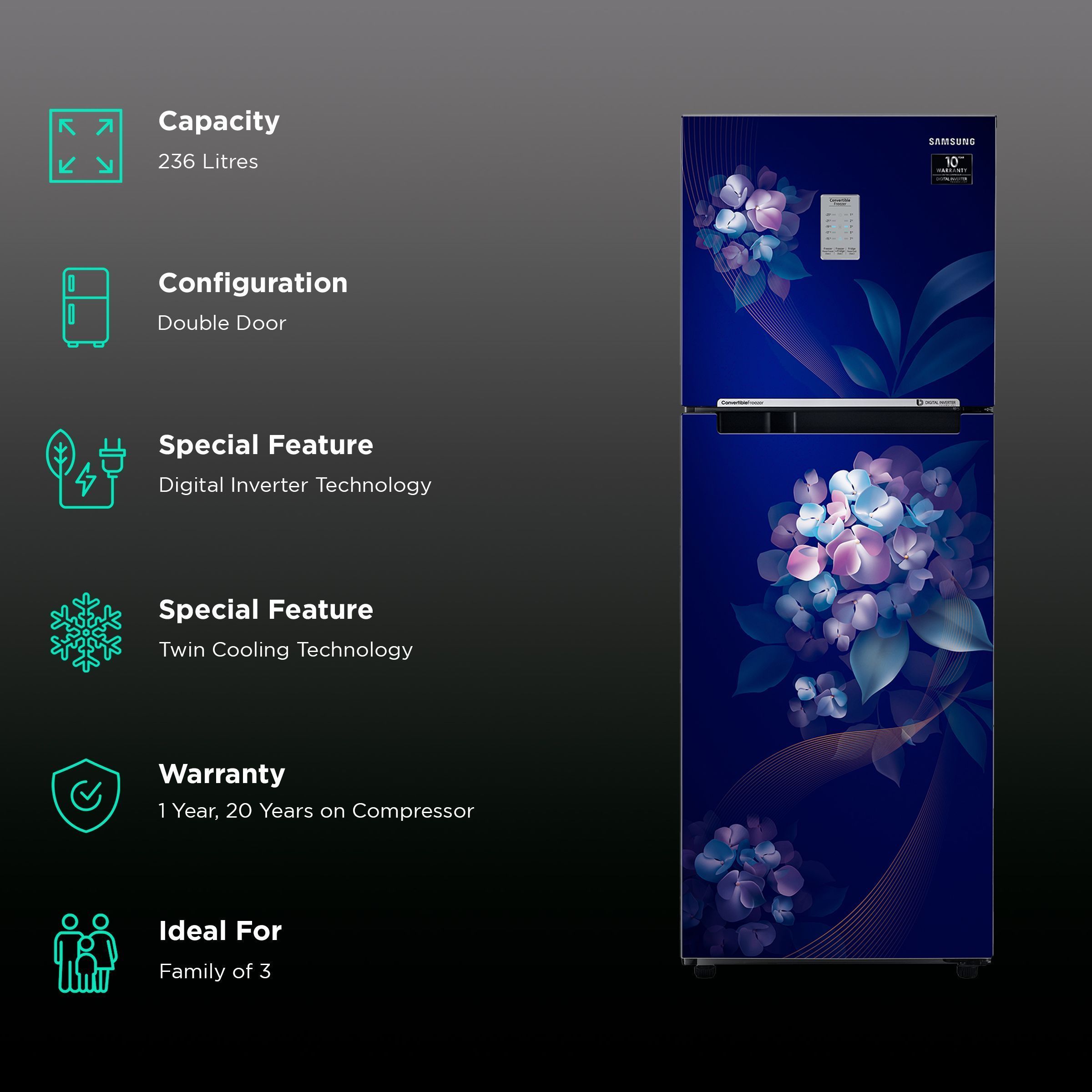 SAMSUNG 236 Litres 2 Star Frost Free Double Door Convertible Refrigerator with Deodorizing Filter (RT28C3732HS/HL, Hydrangea Blue)_2