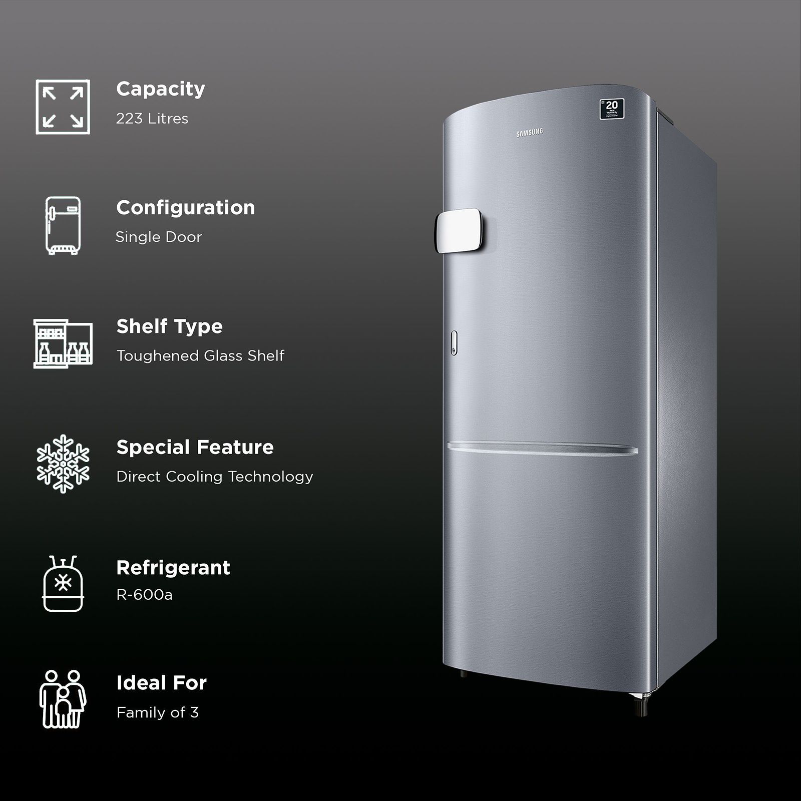SAMSUNG 223 Litres 3 Star Direct Cool Single Door Refrigerator (RR24C2Y23S8/NL, Elegant Inox)_2