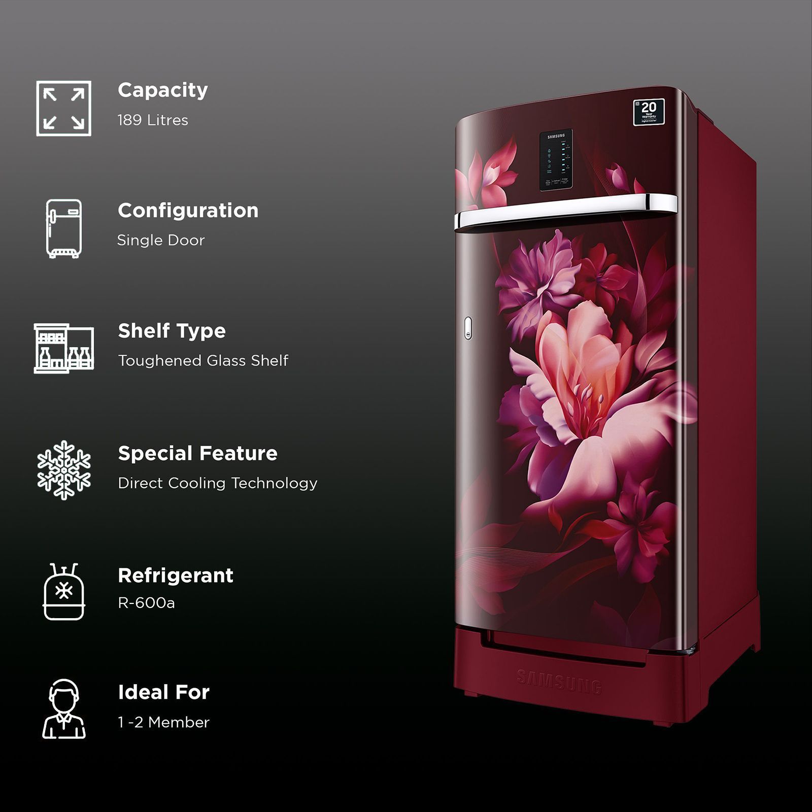 SAMSUNG 189 Litres 4 Star Direct Cool Single Door Refrigerator (RR21C2F24RZ/HL, Midnight Blossom Red) SAMSUNG 189 Litres 4 Star Direct Cool Single Door Refrigerator (RR21C2F24RZ/HL, Midnight Blossom Red)_2