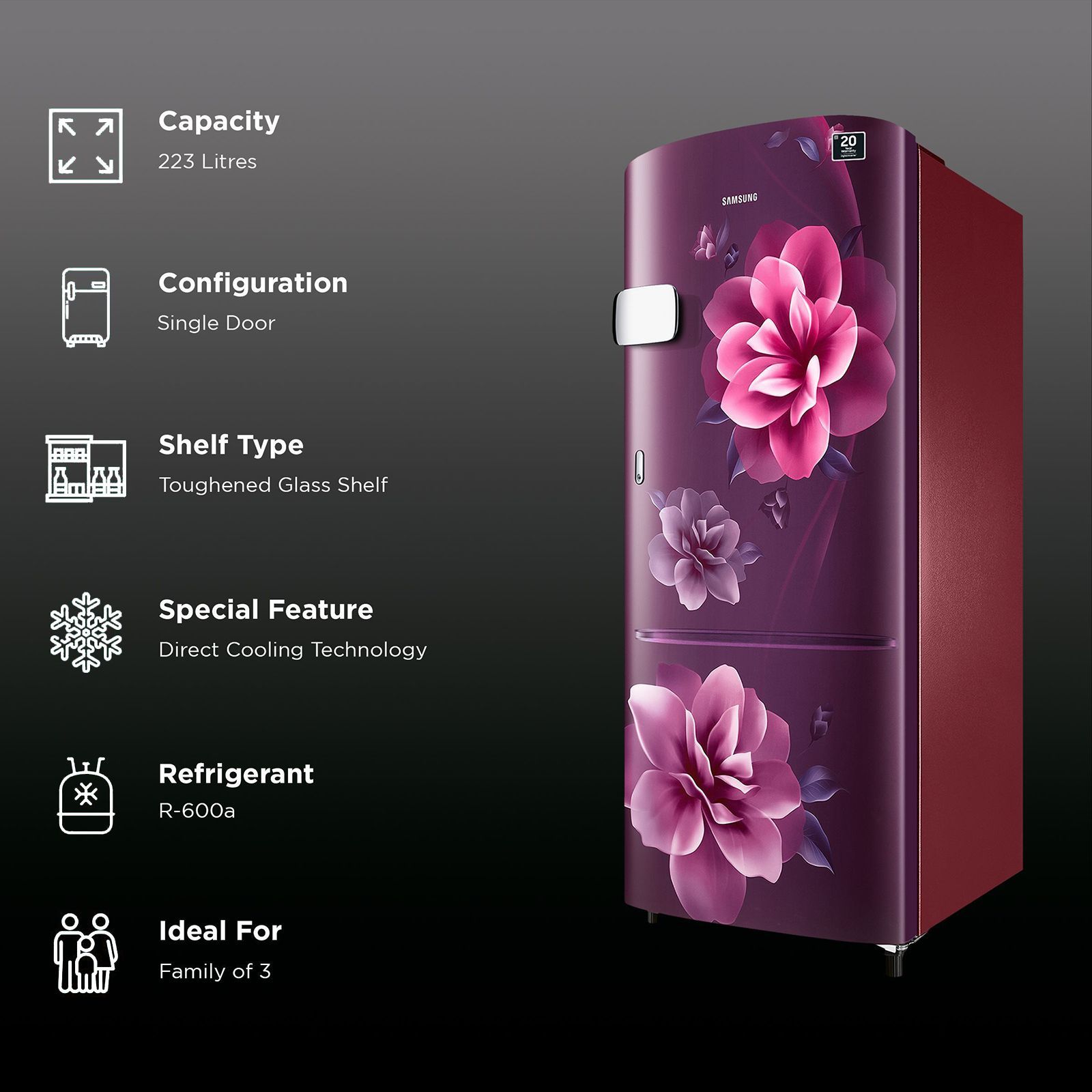 SAMSUNG 223 Litres 3 Star Direct Cool Single Door Refrigerator with Anti-Bacterial Gasket (RR24C2Y23CR/NL, Camellia Purple)_2