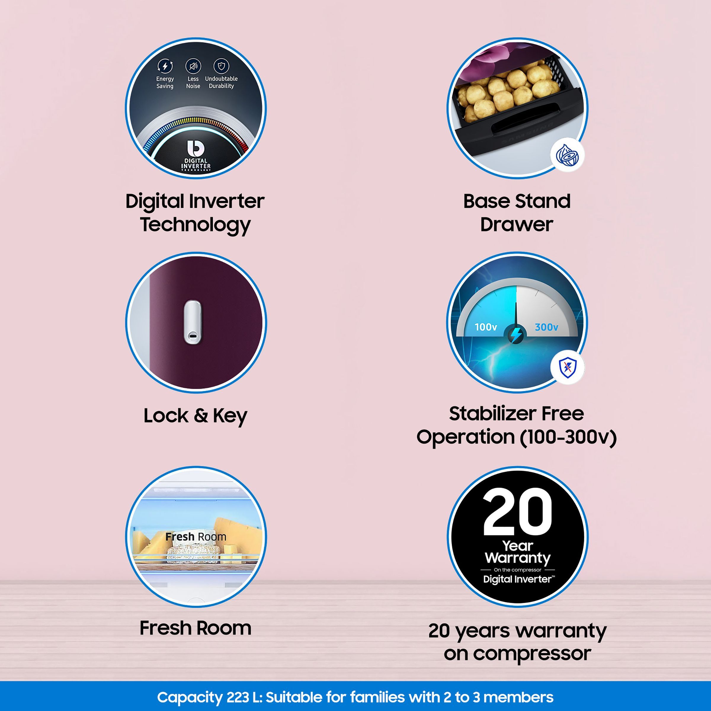 SAMSUNG Stylish Grande 223 Litres3 Star Direct Cool Single Door Refrigerator with Base Stand Drawer (RR24C2Z23CR/NL, Camellia Purple)_14