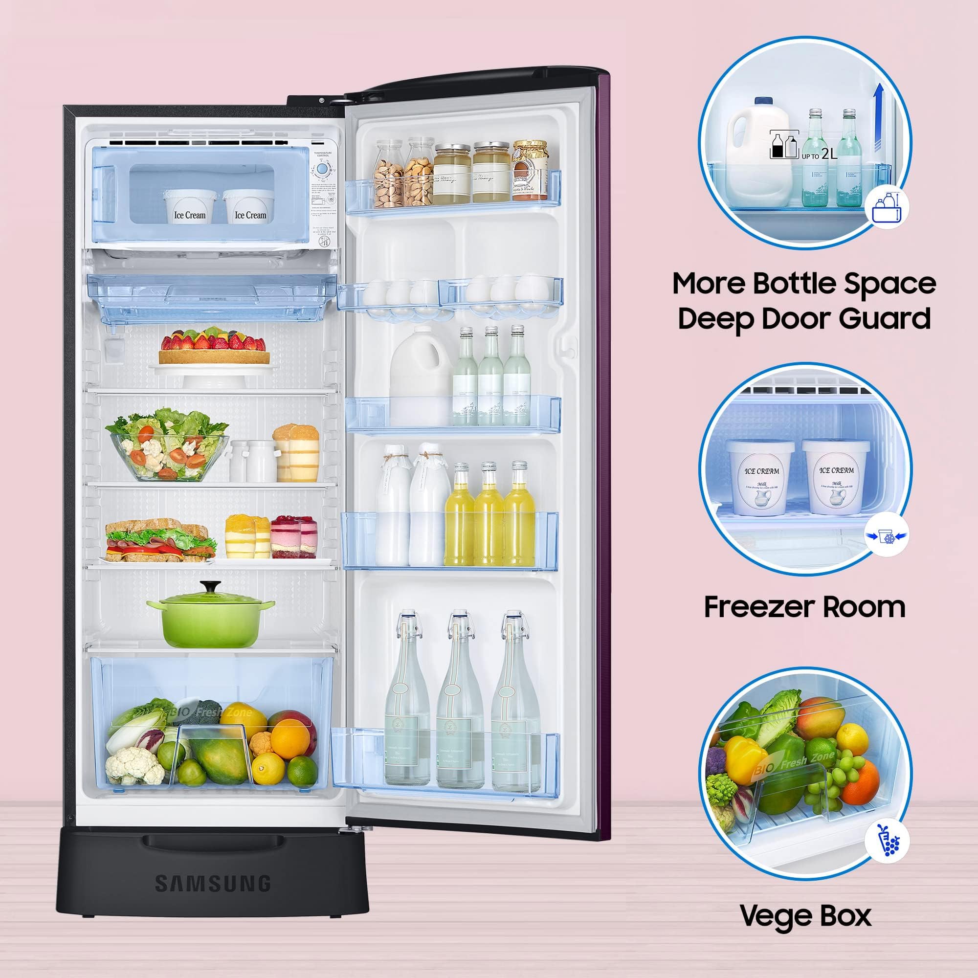 SAMSUNG Stylish Grande 223 Litres3 Star Direct Cool Single Door Refrigerator with Base Stand Drawer (RR24C2Z23CR/NL, Camellia Purple)_16