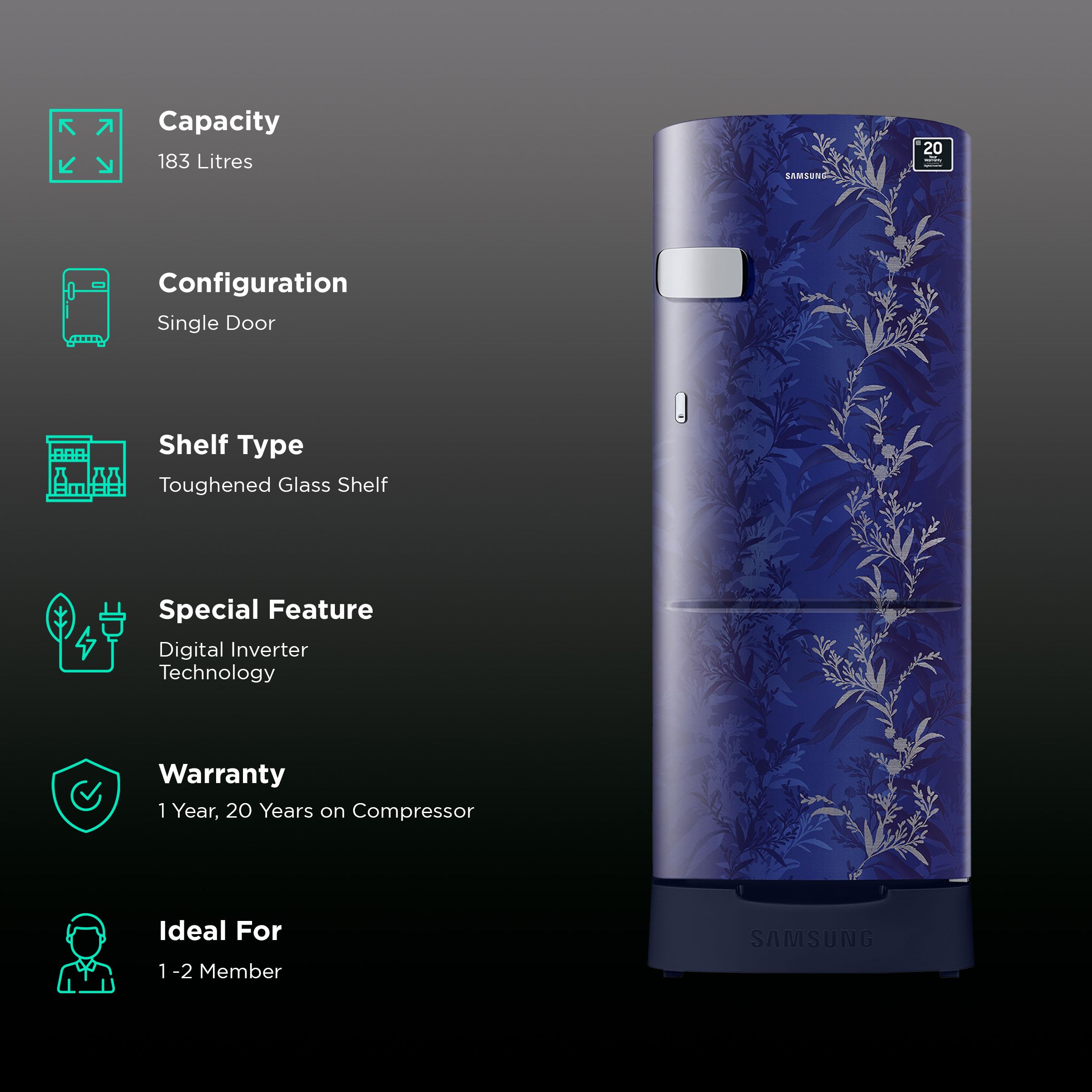 SAMSUNG 183 Litres 2 Star Direct Cool Single Door Refrigerator with Base Drawer (RR20C2Z226U/NL, Mystic Overlay Blue)_2