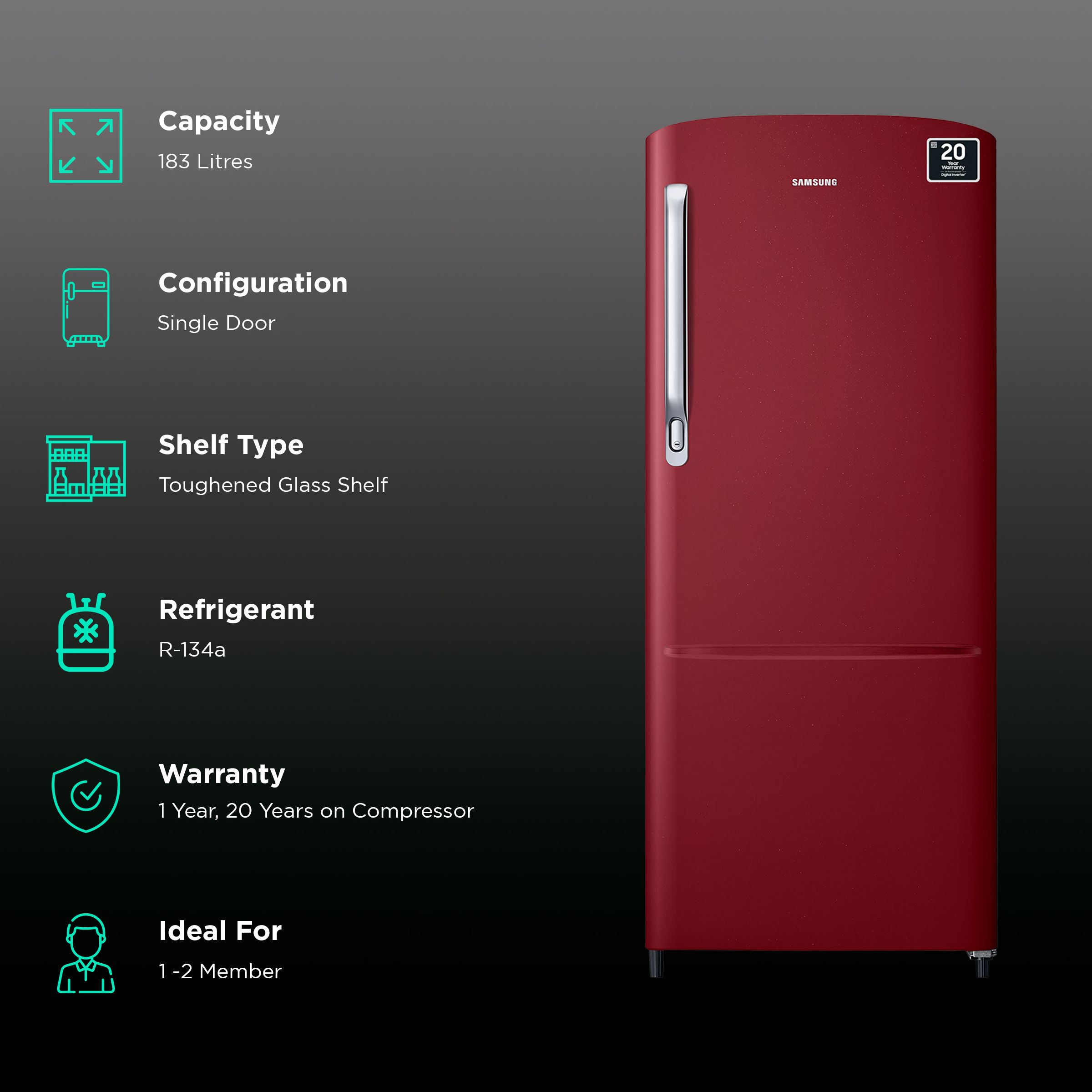 SAMSUNG 183 Litres 2 Star Direct Cool Single Door Refrigerator with Toughened Glass Shelves (RR20C2412RH/NL, Scarlet Red) SAMSUNG 183 Litres 2 Star Direct Cool Single Door Refrigerator with Toughened Glass Shelves (RR20C2412RH/NL, Scarlet Red)_2