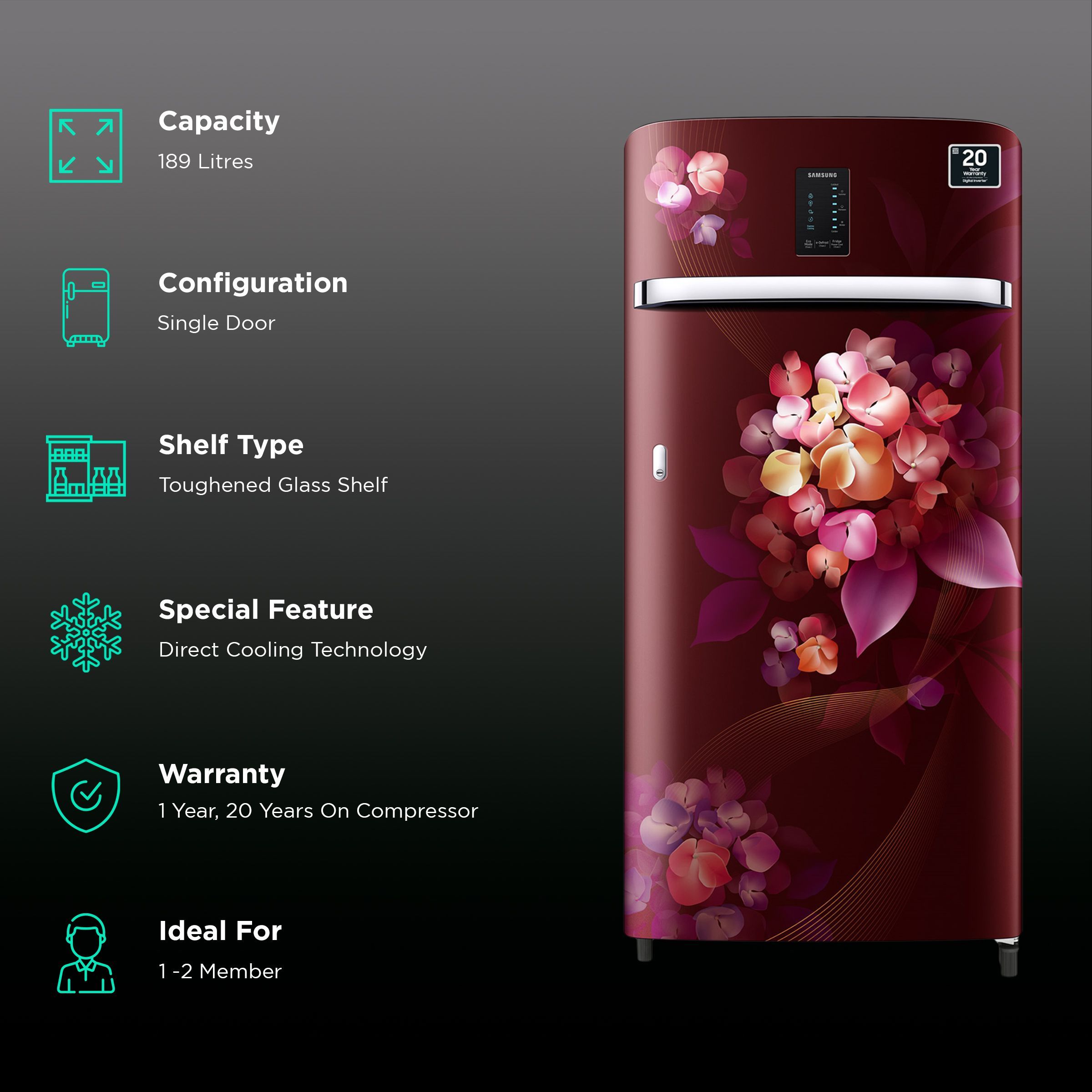 SAMSUNG 189 Litres 5 Star Direct Cool Single Door Refrigerator with Antibacterial Gasket (RR21C2E25HT/HL, Hydrangea Plum)_2