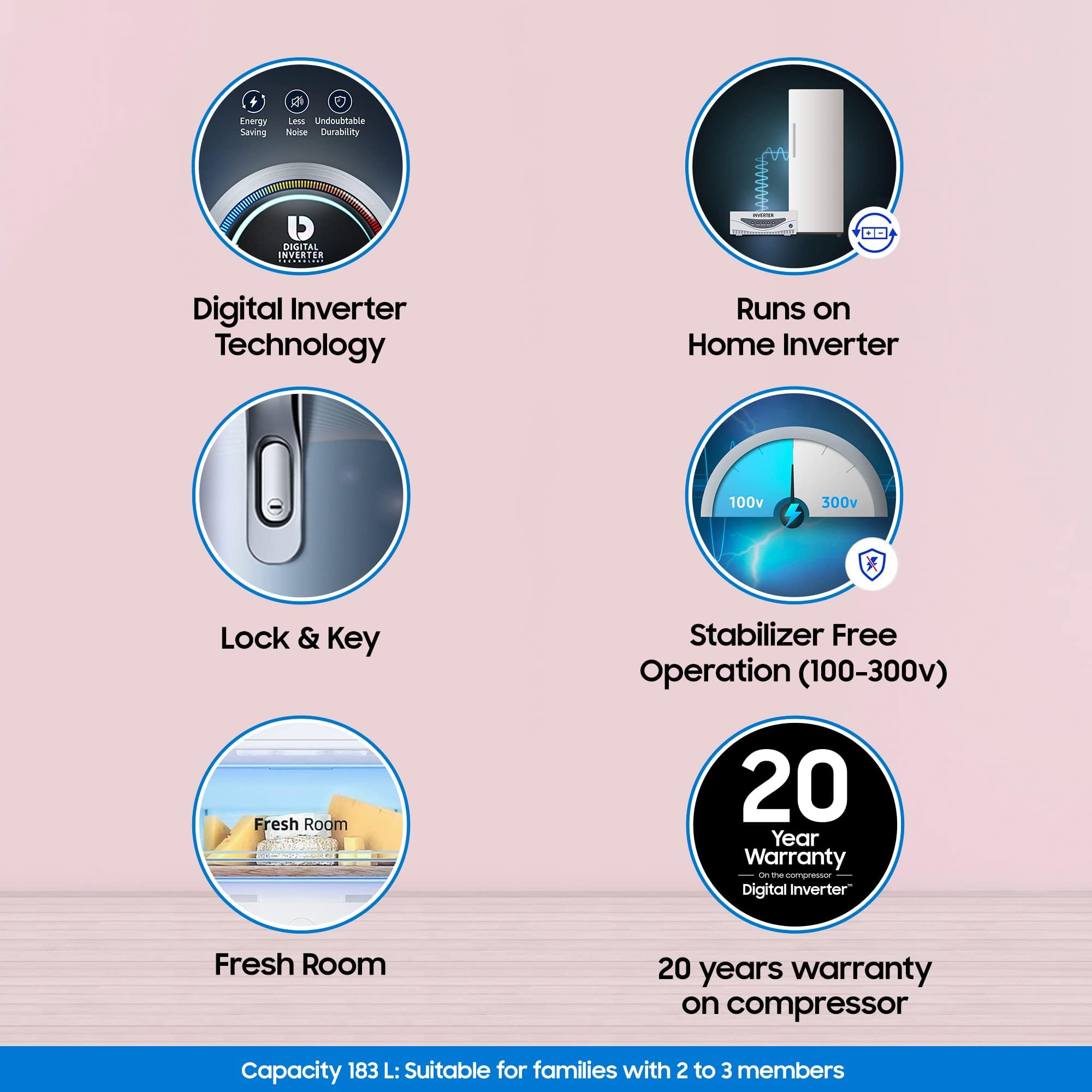SAMSUNG Stylish Grande 183 Litres 3 Star Direct Cool Single Door Refrigerator with Antibacterial Gasket (RR20C1723U8/HL, Saffron Blue)_12