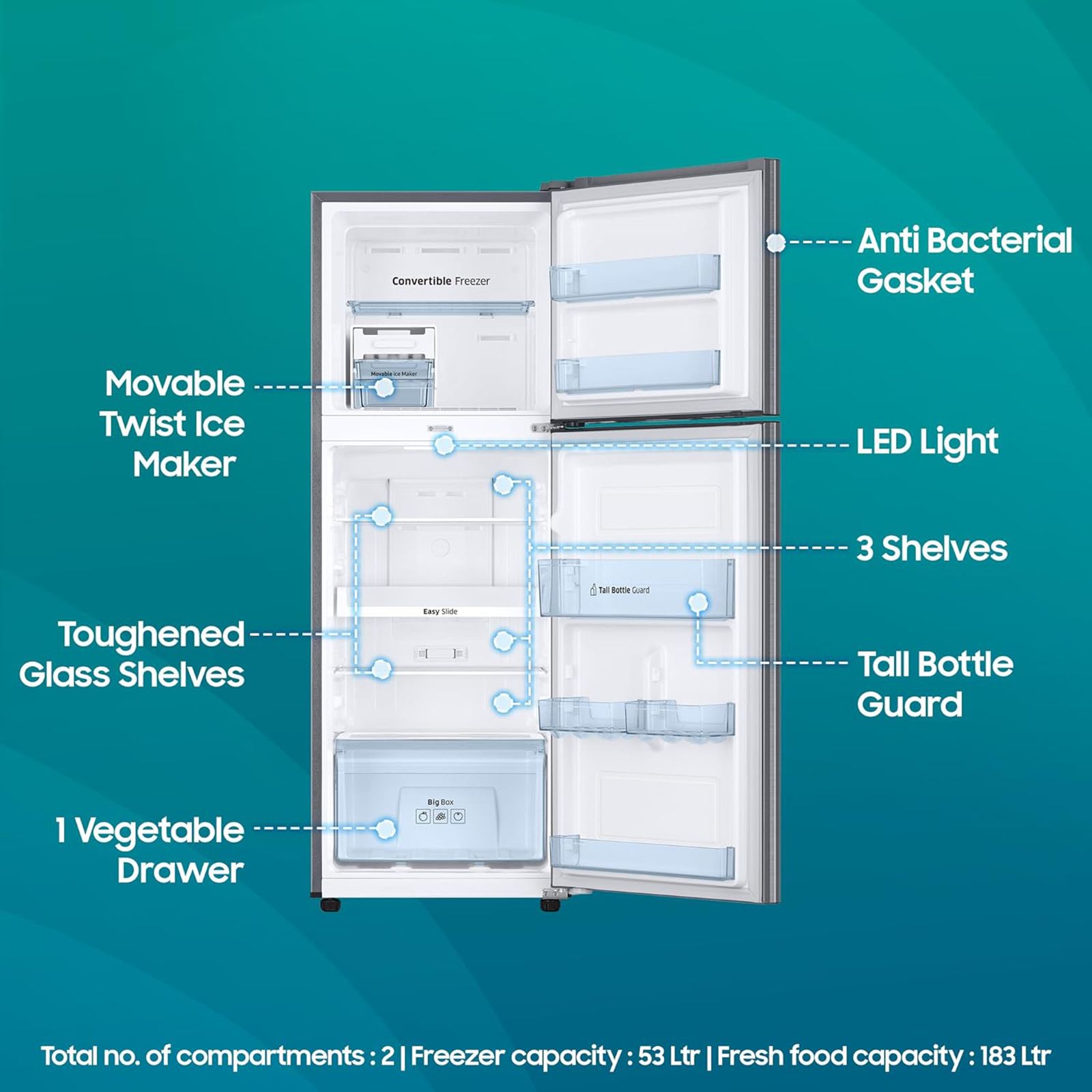 SAMSUNG 236 Litres 2 Star Frost Free Double Door Convertible Refrigerator with Anti Bacterial Gasket (RT28C3922S9/HL, Refined Inox)_13