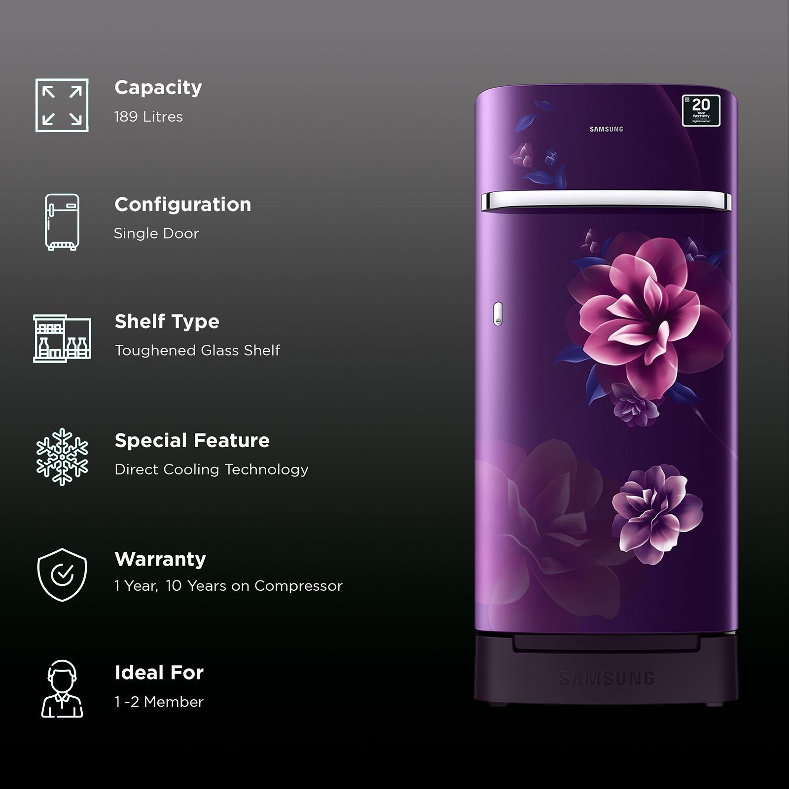 SAMSUNG 189 Litres 5 Star Direct Cool Single Door Refrigerator with Antibacterial Gasket (RR21C2H25CR/HL, Camellia Purple)_2