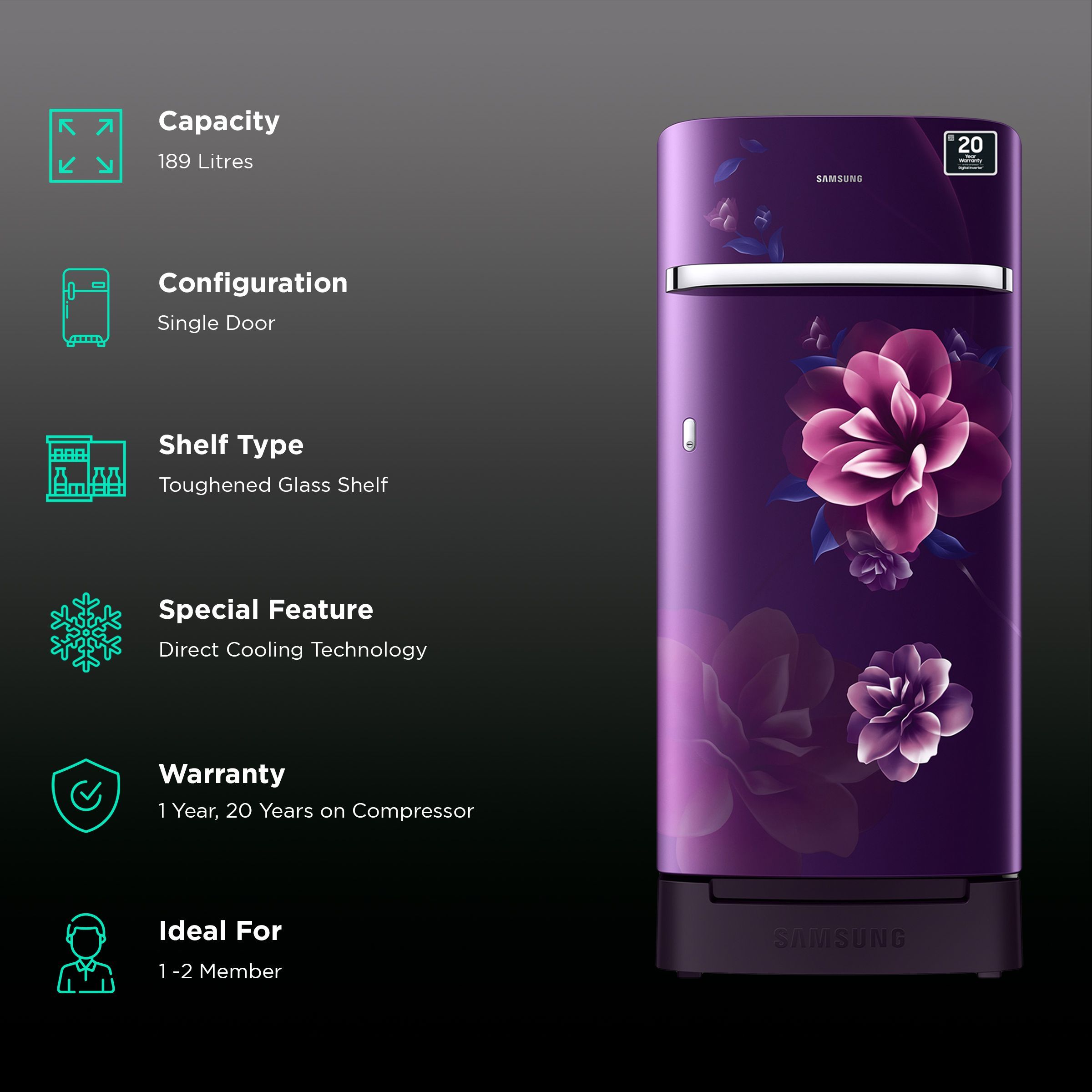 SAMSUNG 189 Litres 5 Star Direct Cool Single Door Refrigerator with Antibacterial Gasket (RR21C2H25CR/HL, Camellia Purple)_2