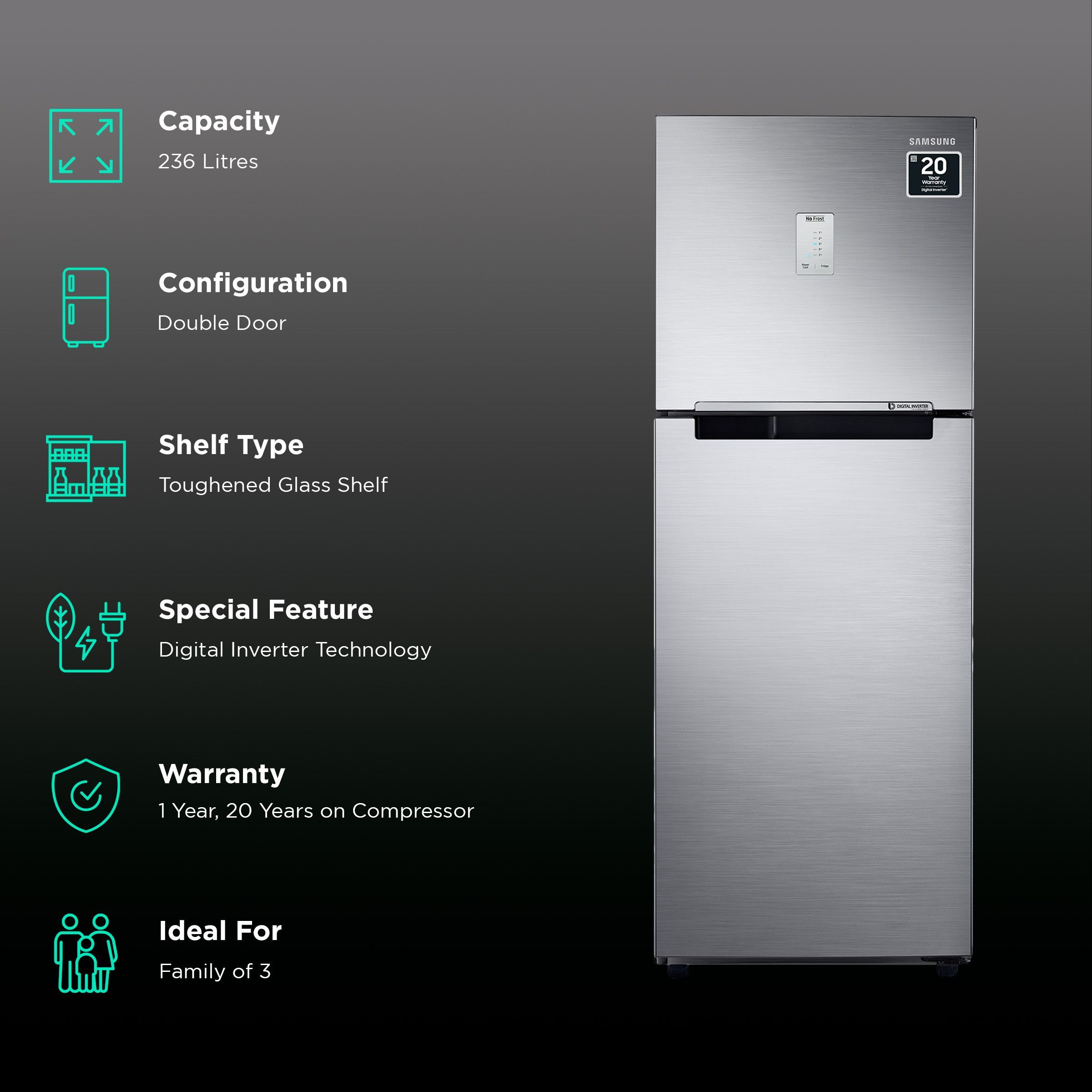 SAMSUNG 236 Litres 2 Star Frost Free Double Door Refrigerator with Antibacterial Gasket (RT28C3452S8/HL, Elegant Inox)_2