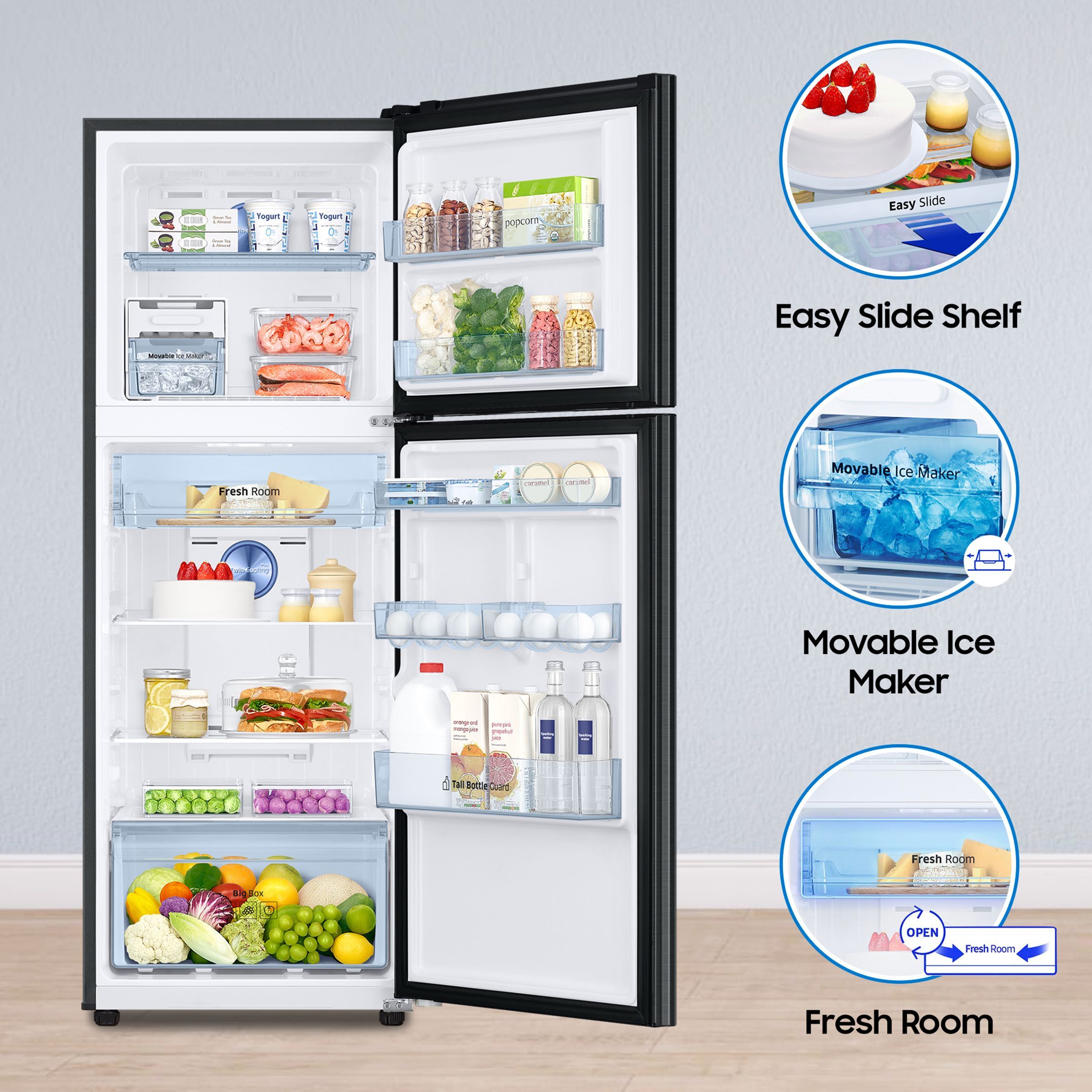 SAMSUNG 301 Litres 2 Star Frost Free Double Door Convertible Refrigerator with Twin Cooling Plus (RT34C4522B1/HL, Black Matt)_16