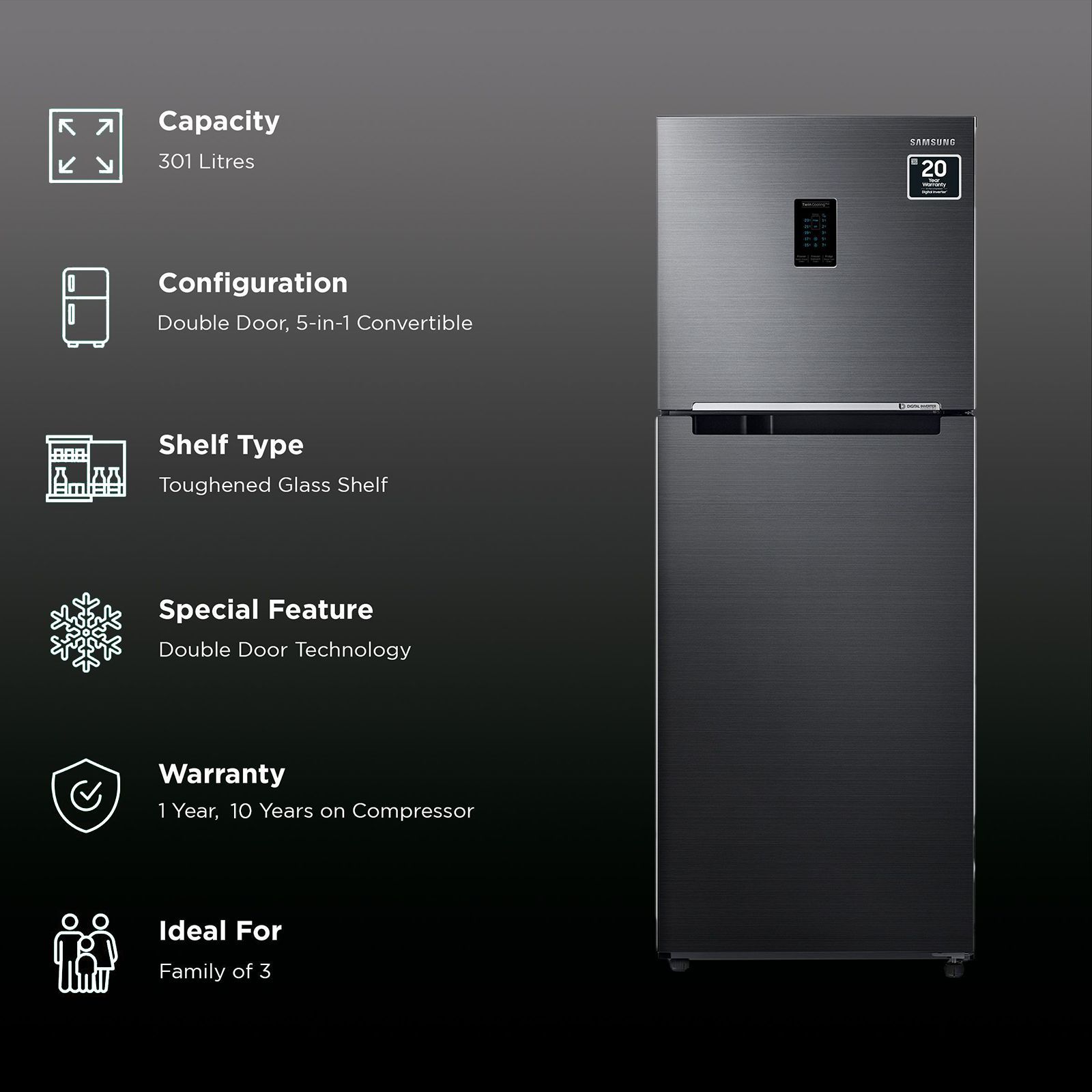 SAMSUNG 301 Litres 2 Star Frost Free Double Door Convertible Refrigerator with Twin Cooling Plus (RT34C4522B1/HL, Black Matt)_2