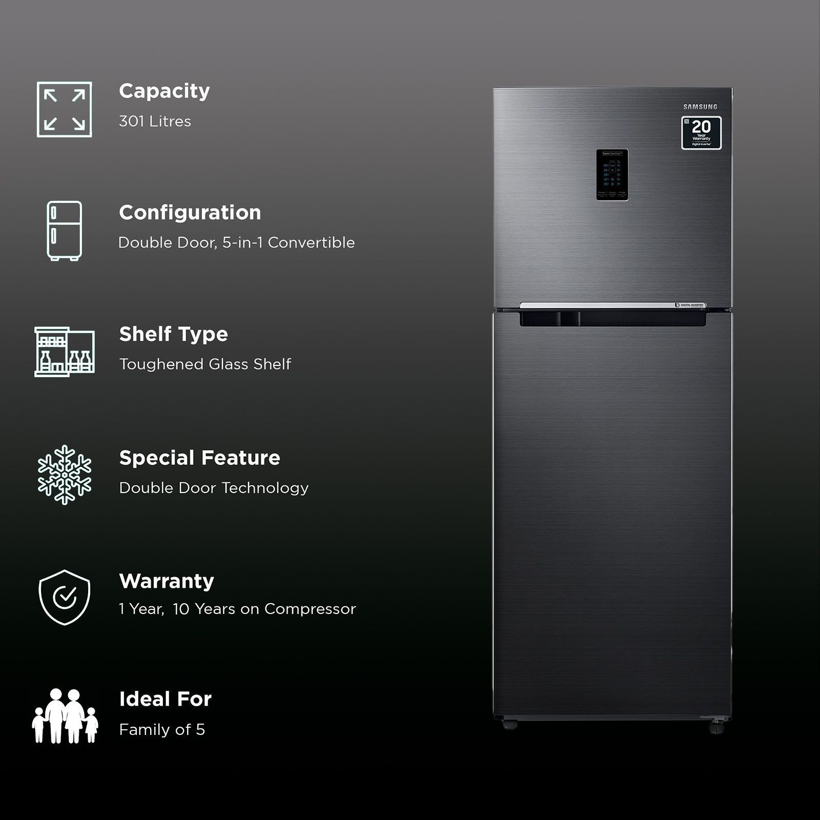 SAMSUNG 301 Litres 2 Star Frost Free Double Door Convertible Refrigerator with Twin Cooling Plus (RT34C4522B1/HL, Black Matt)_2