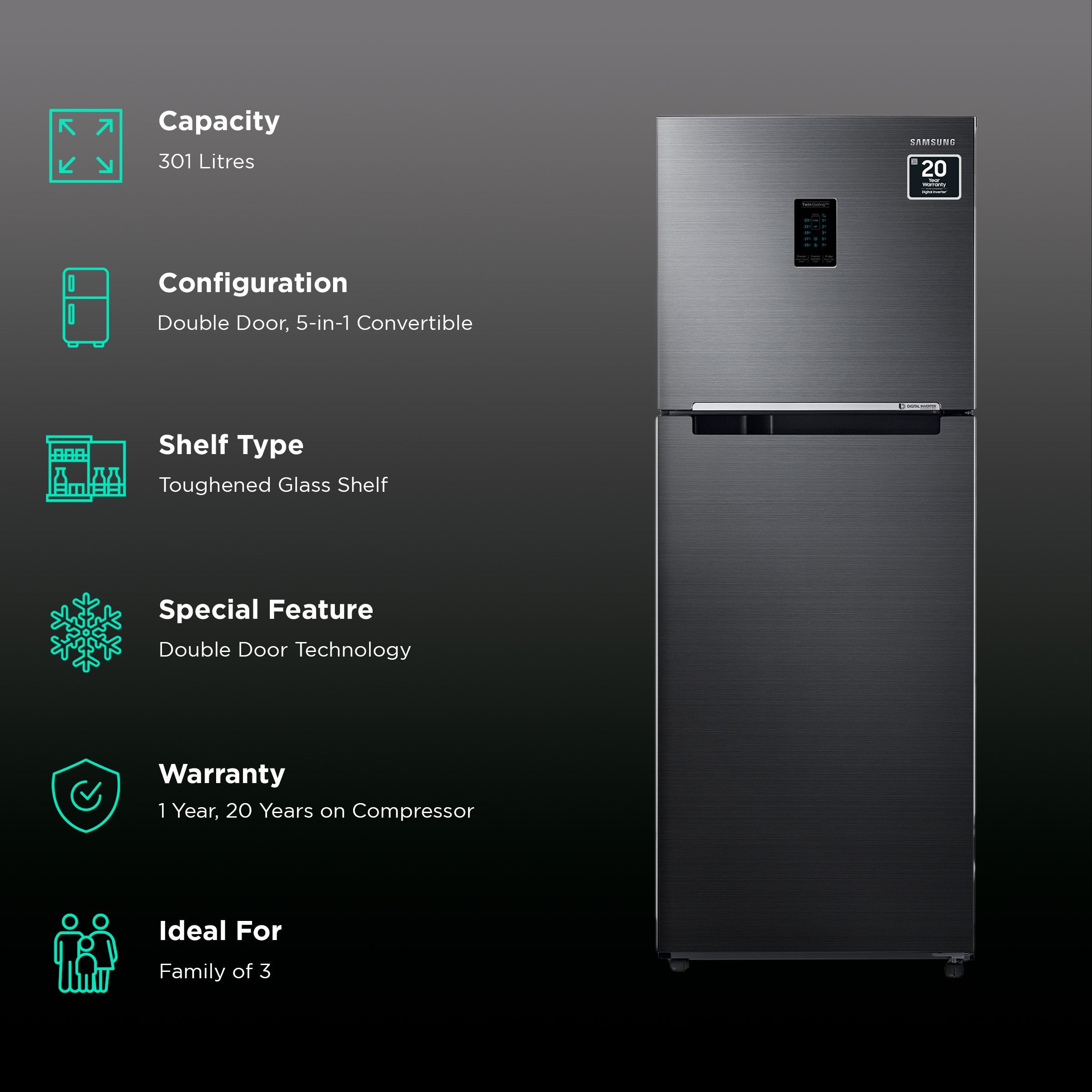 SAMSUNG 301 Litres 2 Star Frost Free Double Door Convertible Refrigerator with Twin Cooling Plus (RT34C4522B1/HL, Black Matt)_2