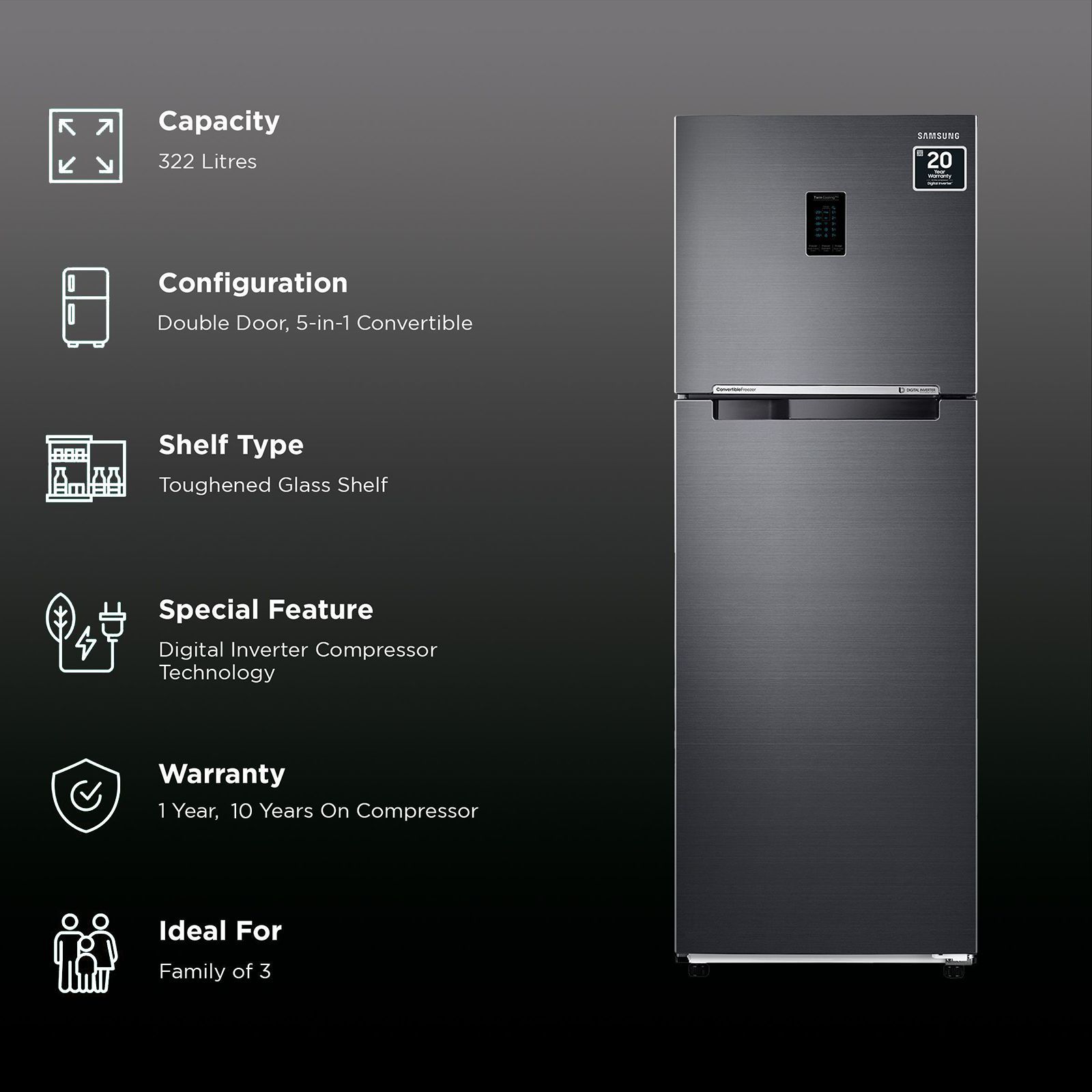 SAMSUNG 322 Litres 2 Star Frost Free Double Door Refrigerator (RT37C4512BX/HL, Luxe Black)_2